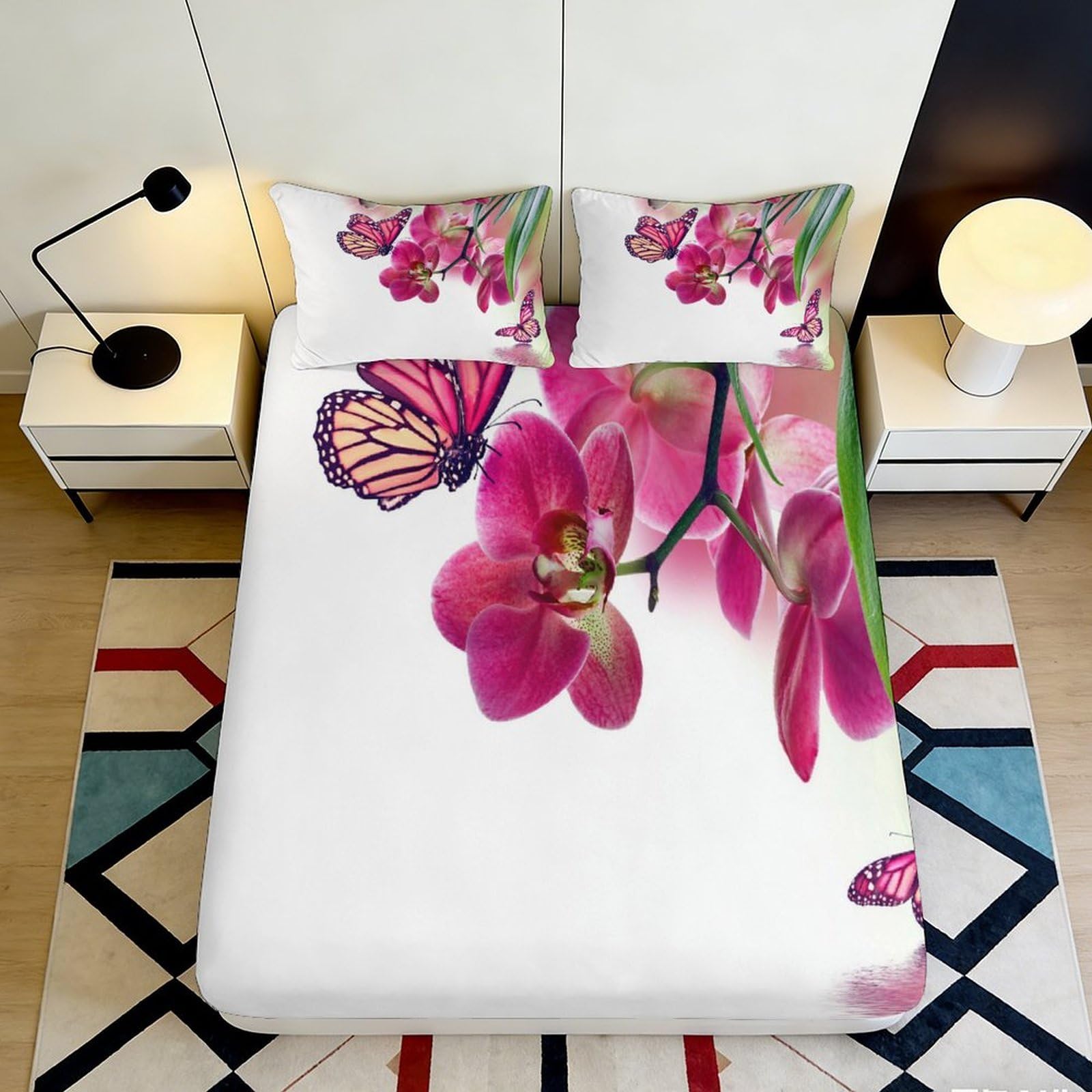 3D Printed Pink Orchid Fitted Sheet Microfiber Butterfly Bed Cover Non Slip Easy Care for Bedroom Guest Room 90x200x25cm