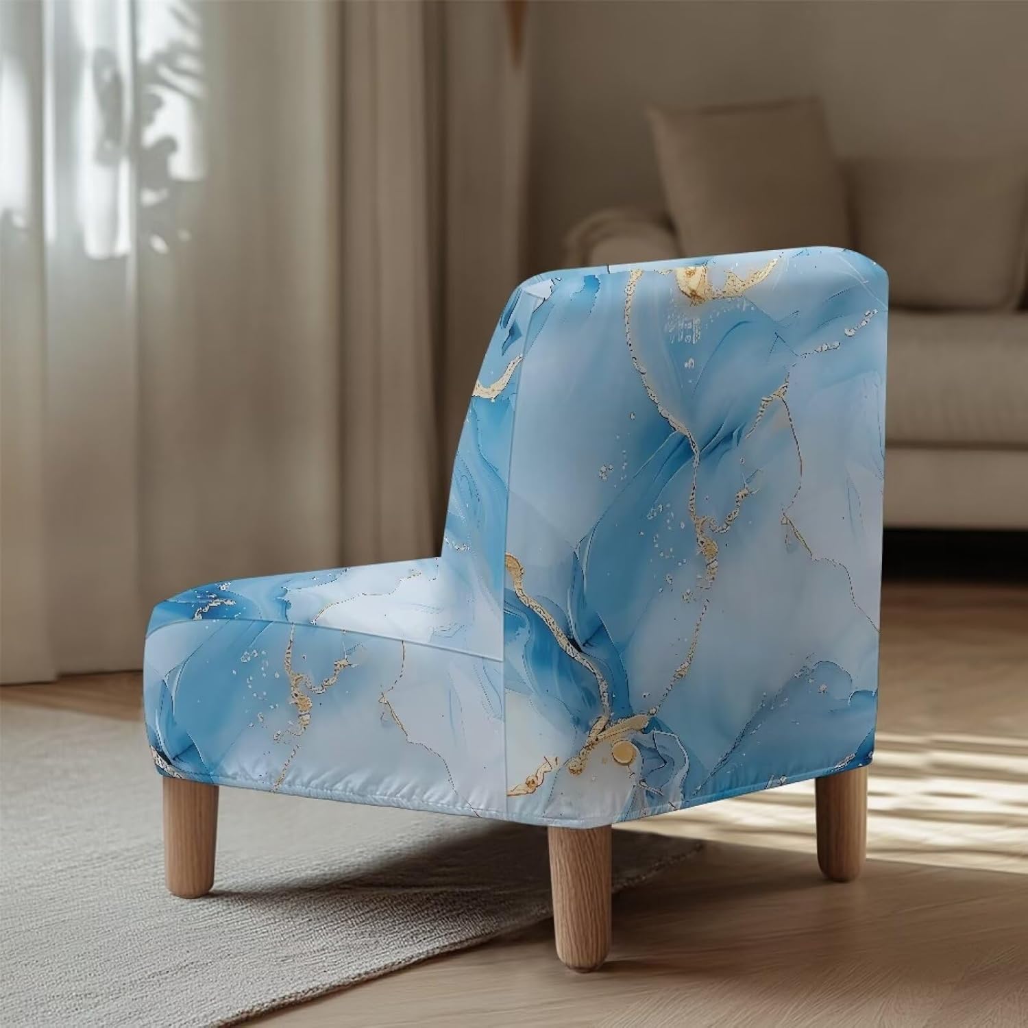 Sofa Cover Stretch Soft Armless Slipper Chair Slipcover Removable Non-Slip Accent Chair Cover Without Arms Washable Chair Protector Cover Living Dining Room Decor, Blue Golden Marble