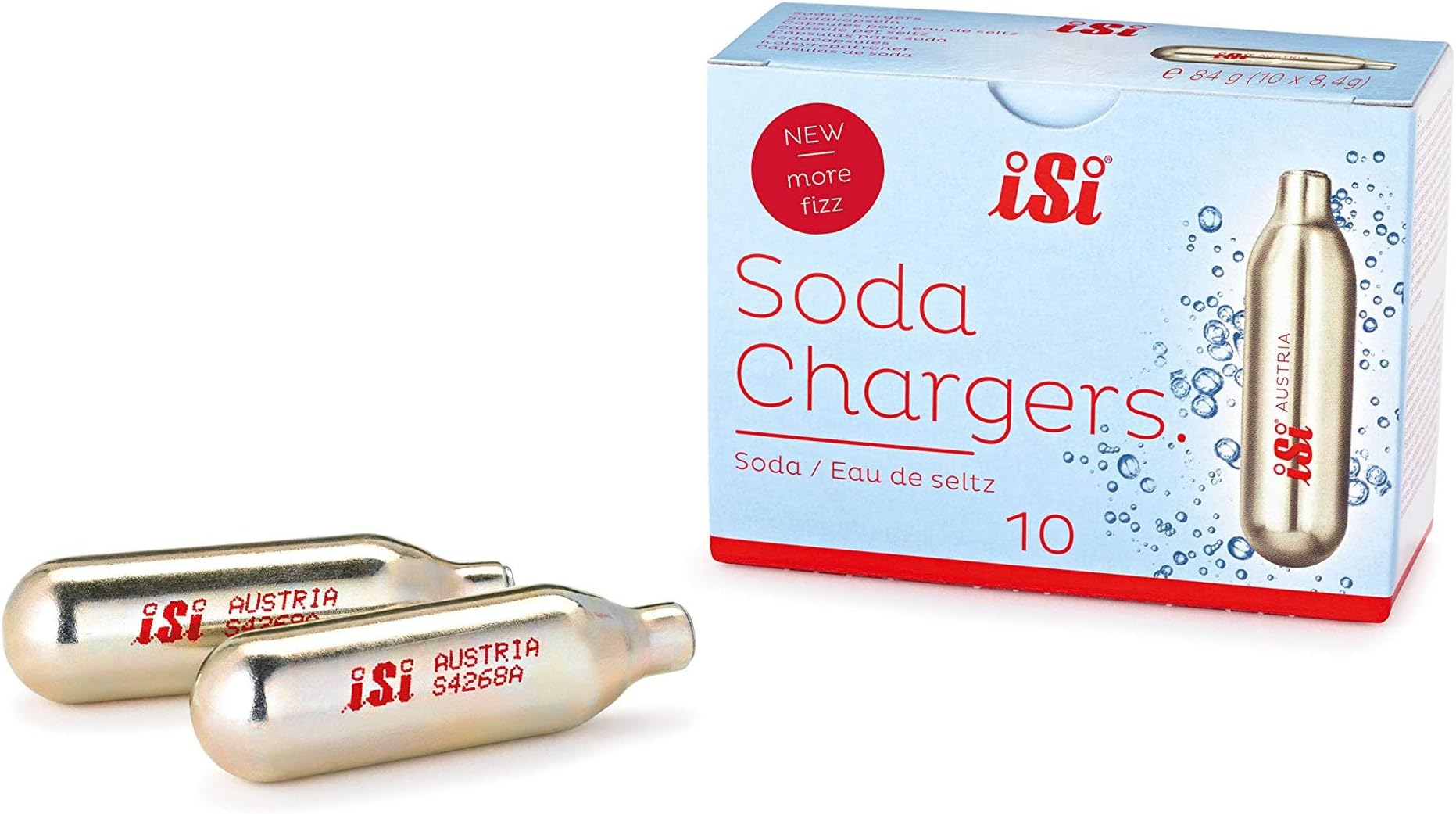 iSi North America CO2 Soda Siphon Chargers, 8.4g Carbon Dioxide - Compatible with Classic SodaMaker & Stainless Steel Soda Siphon, Recyclable Gold Cartridges, Made in Austria (10-Pack)