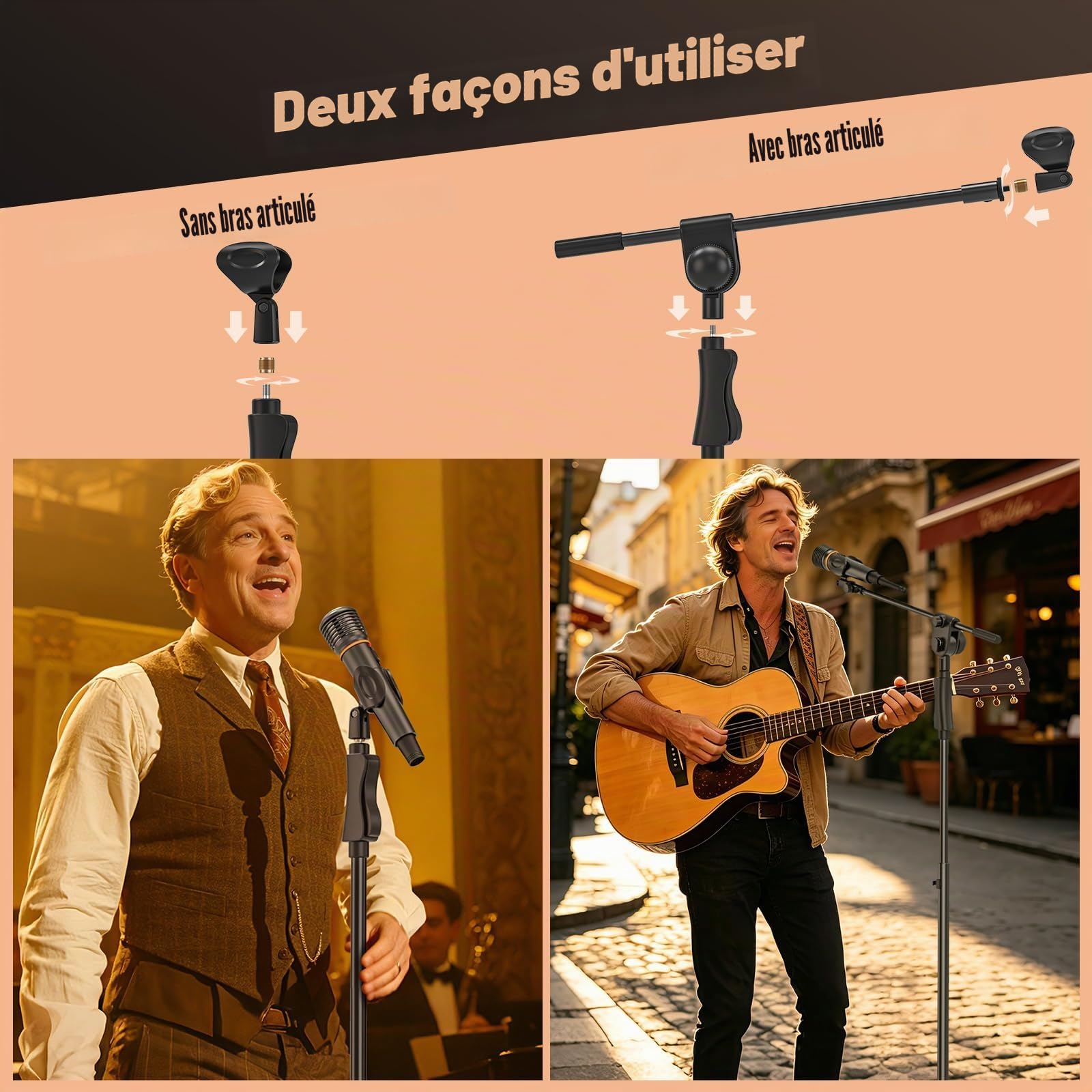 Support Microphone à Pied, Trépied avec Perche,Pinces et Adaptateur | Support Microphone, Robuste et Réglable, Performance, Chant, Discours, Mariage, Scène et Extérieur