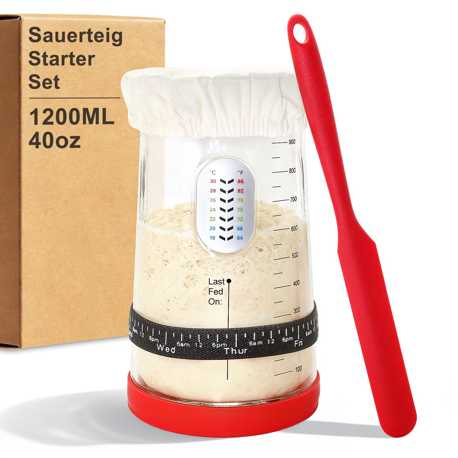 Sauerteig Starter Set - 1,2L Großes Sauerteig Glas mit Silikonspachtel, Reinigungsbürste - brot backen zubehör, Fermentierglas für Anfänger &Zuhause Backen (Rot, 1200ML-Aufgerüstet)