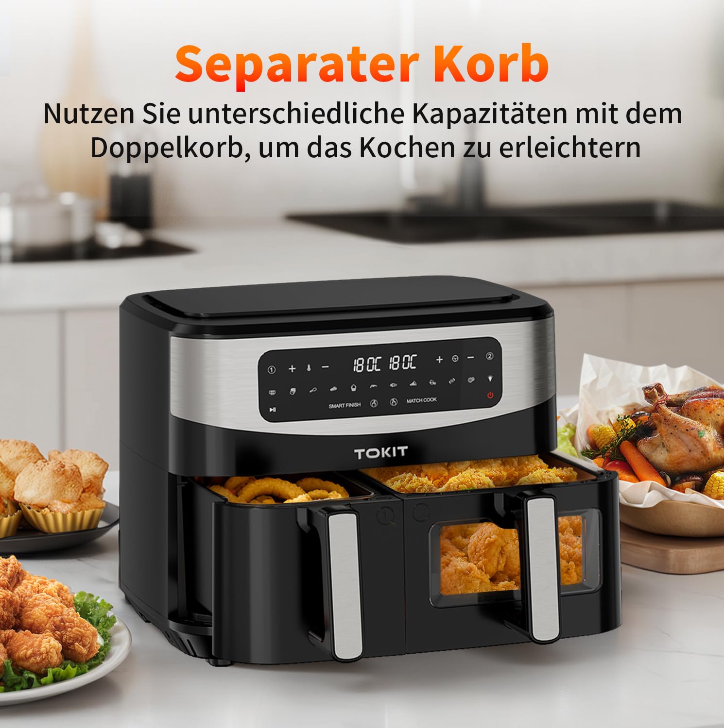 TOKIT Friggitrice ad Aria 2800W Doppio Cestello 10L(4Lx6L), XXL Air Fryer Doppia Zona con Controllo Indipendente, Airfryer 12 Programmi di Cottura da Riscaldamento Rapido a 360°