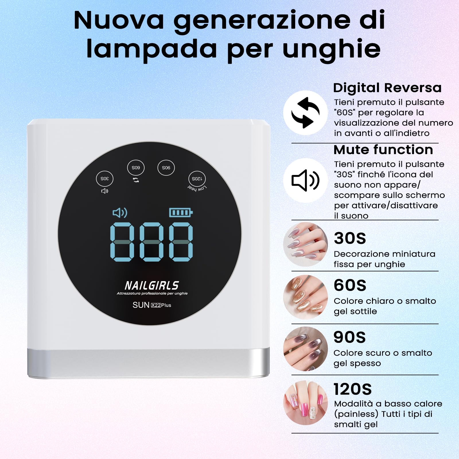 NAILGIRLS Lampada LED UV Professionale per Unghie, Ricaricabile Senza Fili, 150W, 4 Modalità Timer,Sensore Automatico, Professionale Fornetto Unghie Semipermanente per Gel e Semipermanente
