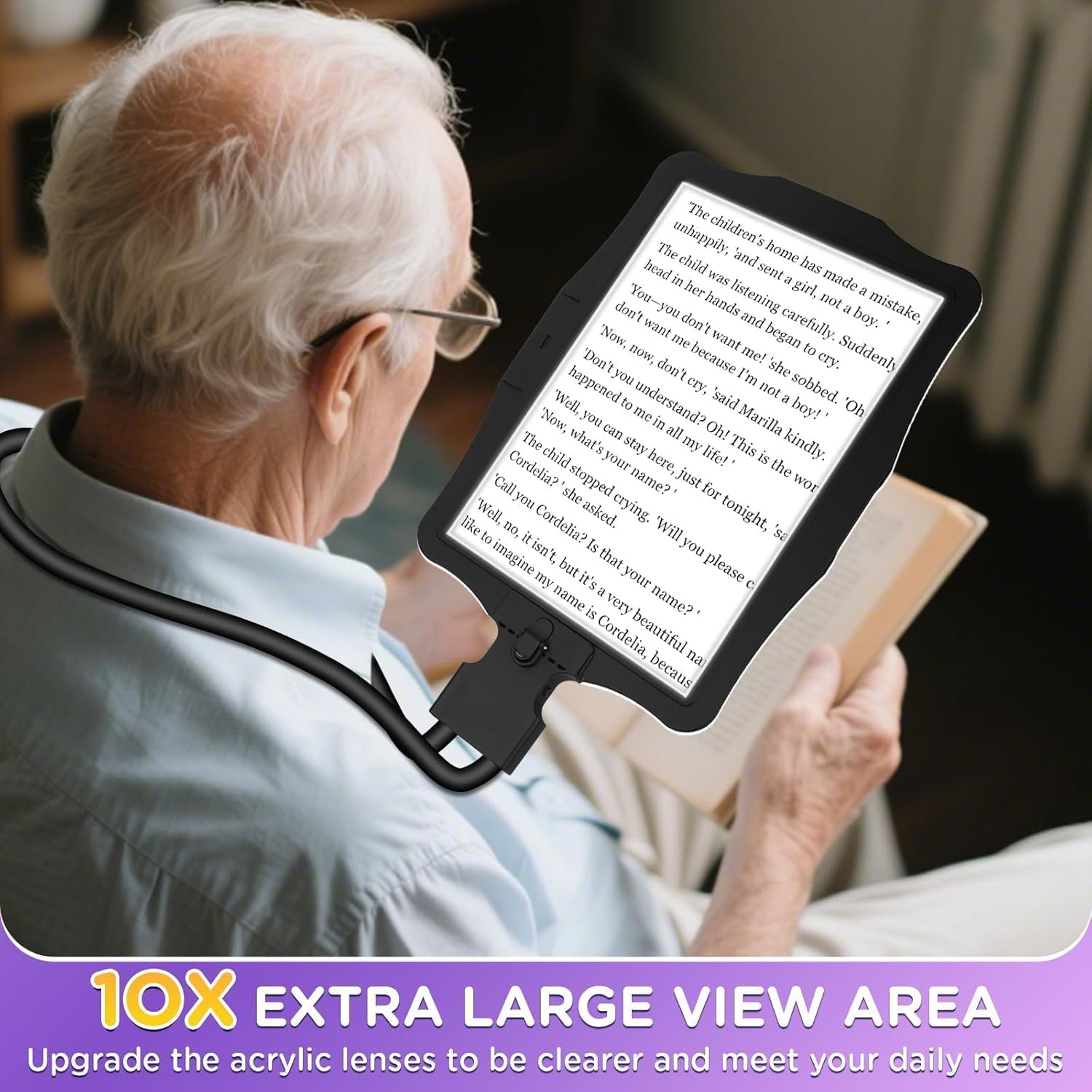 Large 10X Rechargeable Magnifying Glass for Reading with Light Hands Free Magnifying Glass Neck Wear Magnifier with 50 Led Lights Full Book Page Magnifier for Seniors Low Vision Elderly