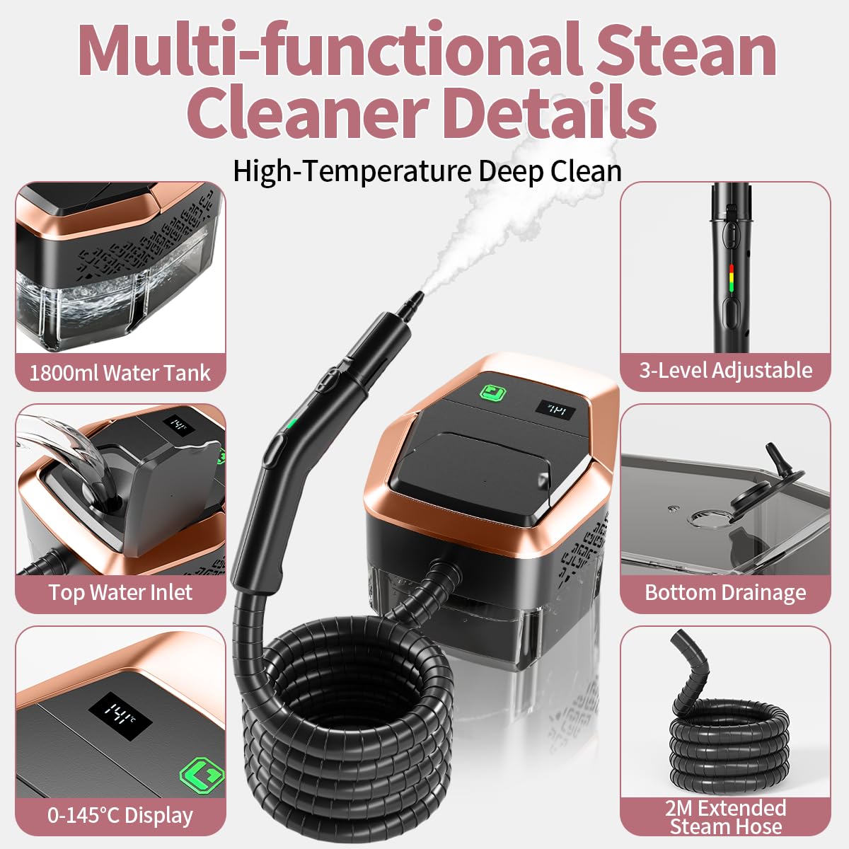 Limpiador de vapor para el hogar y el automóvil, vaporizador ajustable de 3 niveles para limpieza con pantalla de temperatura, calor rápido de 15 segundos, tanque grande de 1.8 L, vapor potente de 4