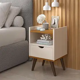 Mesa De Cabeceira Alice Modelo Retrô Com 1 Gaveta e Nicho (Off White/Freijo)