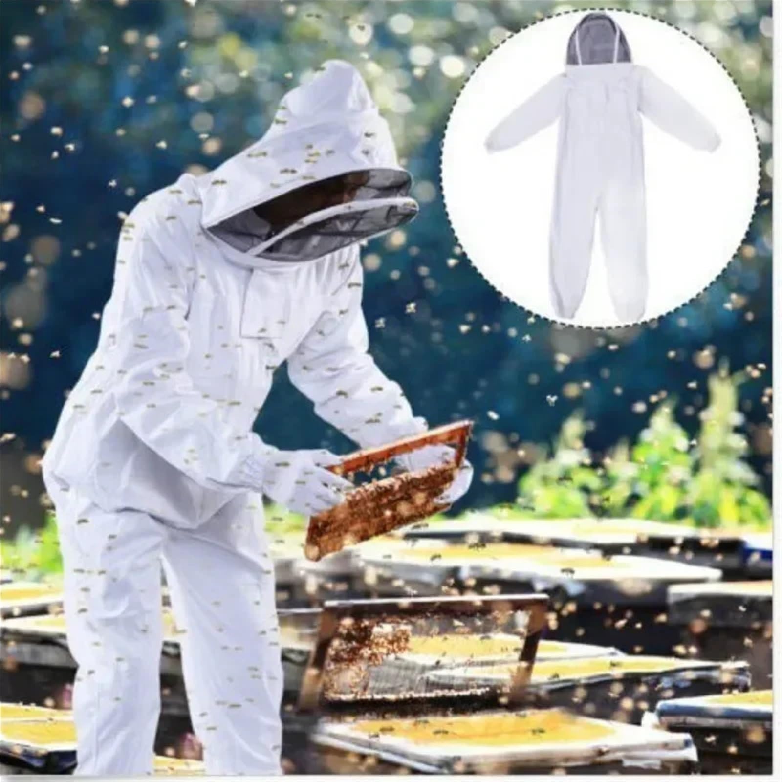 Traje de apicultor Profesional 1 juego de traje apicultura protección corporal completa, algodón, con velo, capucha y sombrero(XL-choose a larger)