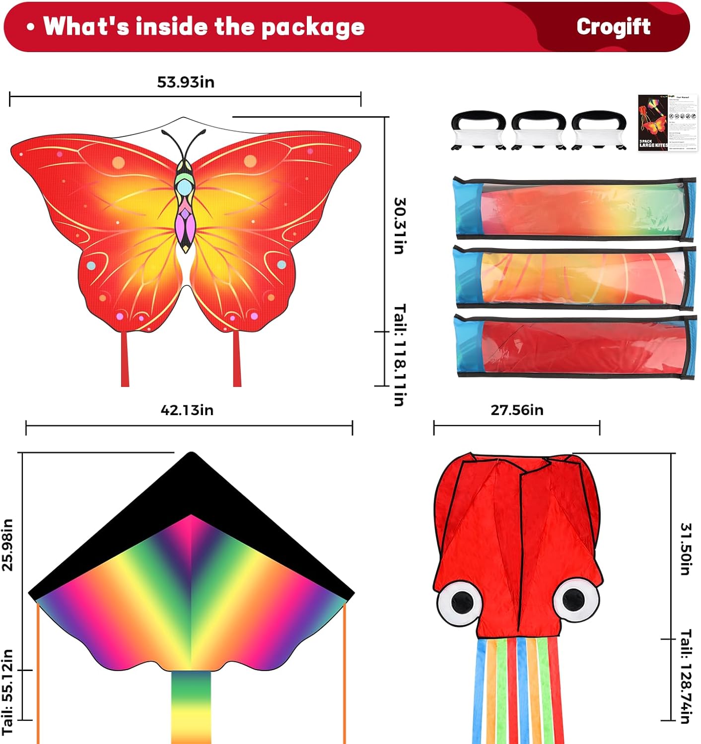 3 Pack Large Kites, Large Butterfly Kite, Colorful Delta and Red Octopus for Girls Boys Ages 4-8, 8-12, Adults - Image 8