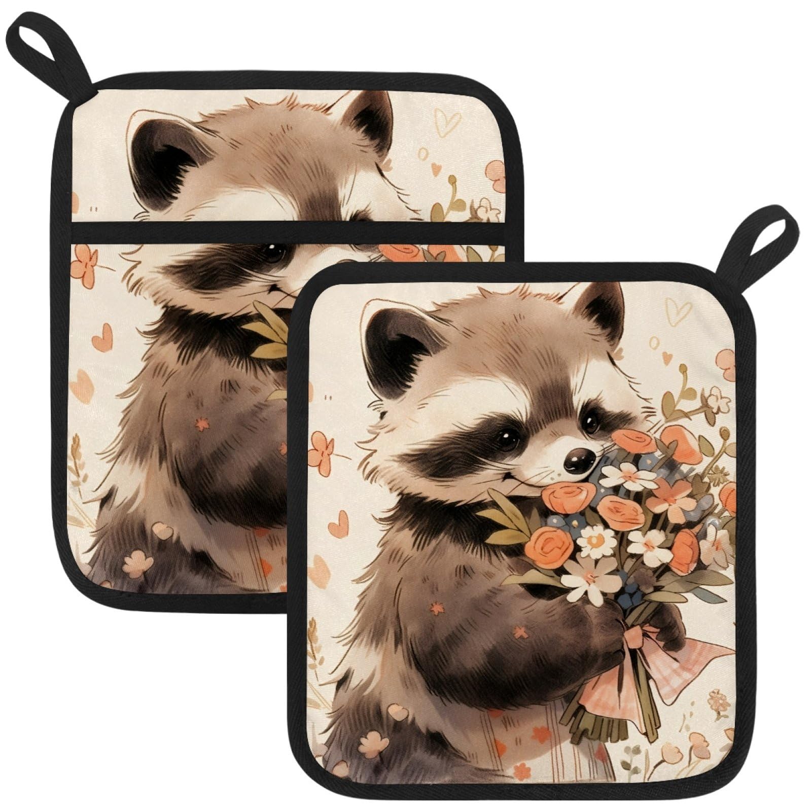 VAPOKF Raccoon bouquet Pot Holders with Pocket for Kitchen Heat Resistant Potholders Large Polyester-Cotton Square Oven Mitts Set