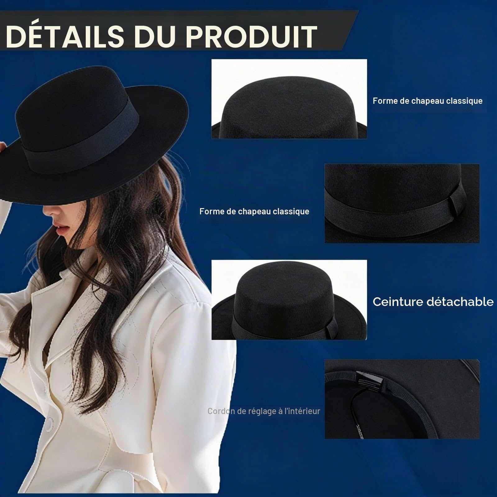 Chapeau Plat Unisexe Classique Noir Tendance Fedora d'église Derby Casquette élégante Jazz Chapeaux à Large Bord Casquette Derby Parfaite pour fête de Mariage