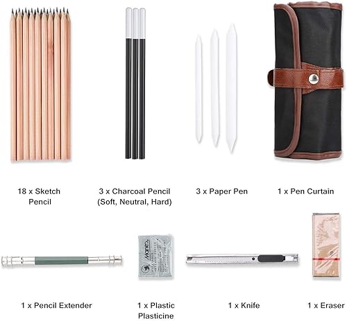 Miniatura 4 de Soosee Kit de herramientas profesionales de dibujo y dibujo de 29 piezas con lápices de grafito, lápices de carbón, bolígrafo de papel borrable,