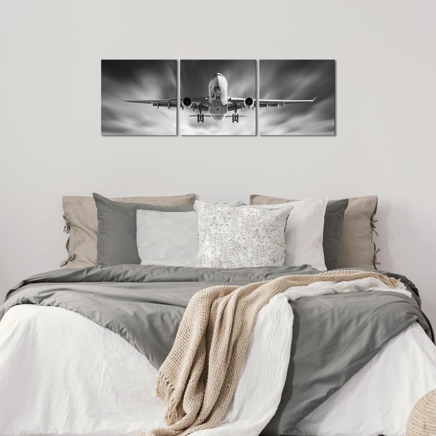 KLVOS Black and White Airplane Wall Art Aircraft in Flight Pictures Print on Canvas for Boy Room Home Office Decoration Vintage Plane Framed Artwork Stretched Framed Ready to Hang 12"x12"x3pcs