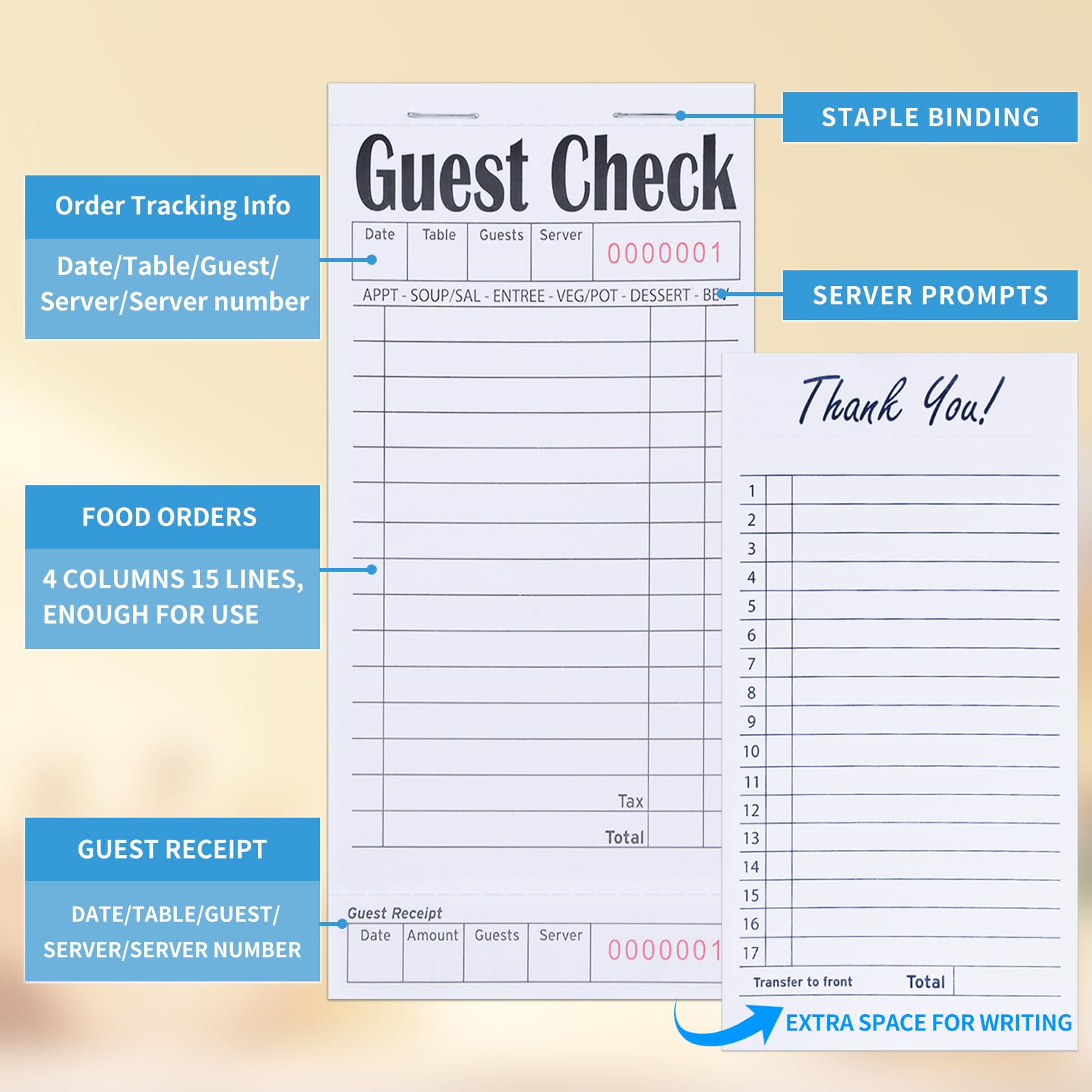 Chequeras de invitados para servidores, blocs de notas, chequera de camarera, bloc de notas de camarera para restaurantes, cheques de papel, 50 hojas/paquete, total de 300 boletos (blanco)