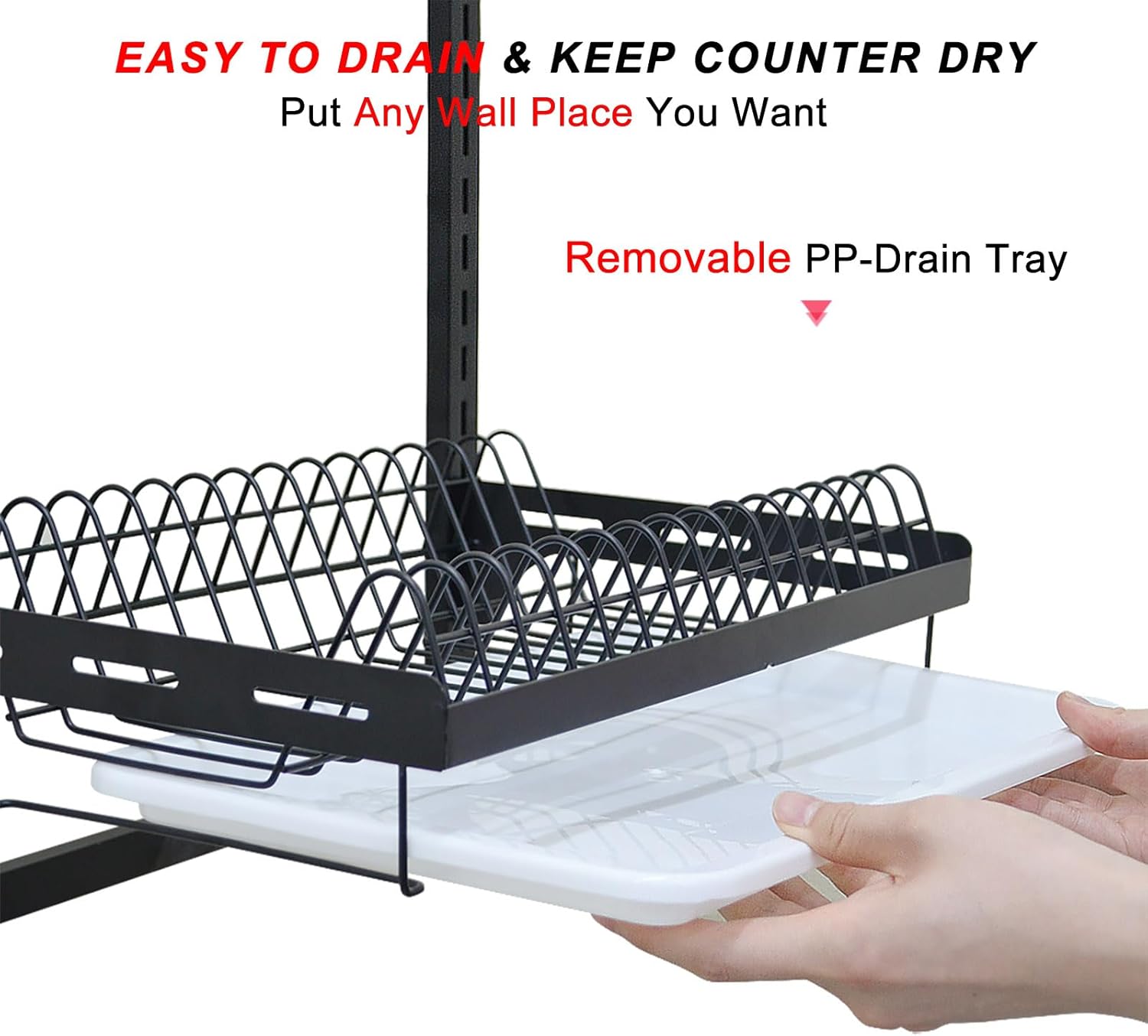 Wall Mounted Dish Drying Rack, 3 Tier Hanging Dish Rack Drainer, Wall Mount Kitchen Plate Organizer Storage Shelf with Drain Tray and 3 Hook, Stainless Steel, Black, Large, Ajustable Height (21.8")