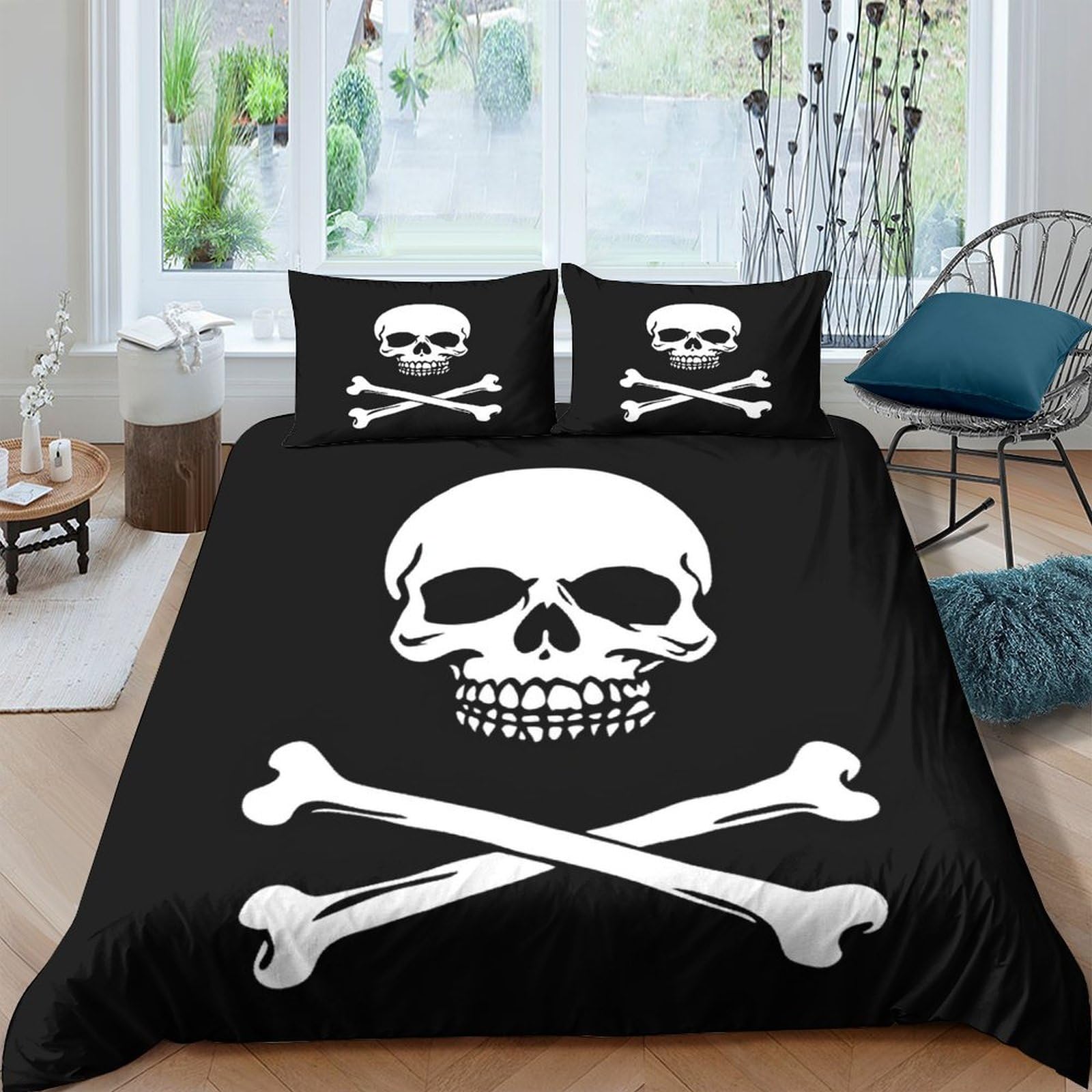 GPLZQXKJNH 3D Printed Skull Pirate Duvet Cover Microfiber Soft Breathable Crossbones Bedding Set with 2 Pillowcases for Bedroom Decor Single（135x200cm）