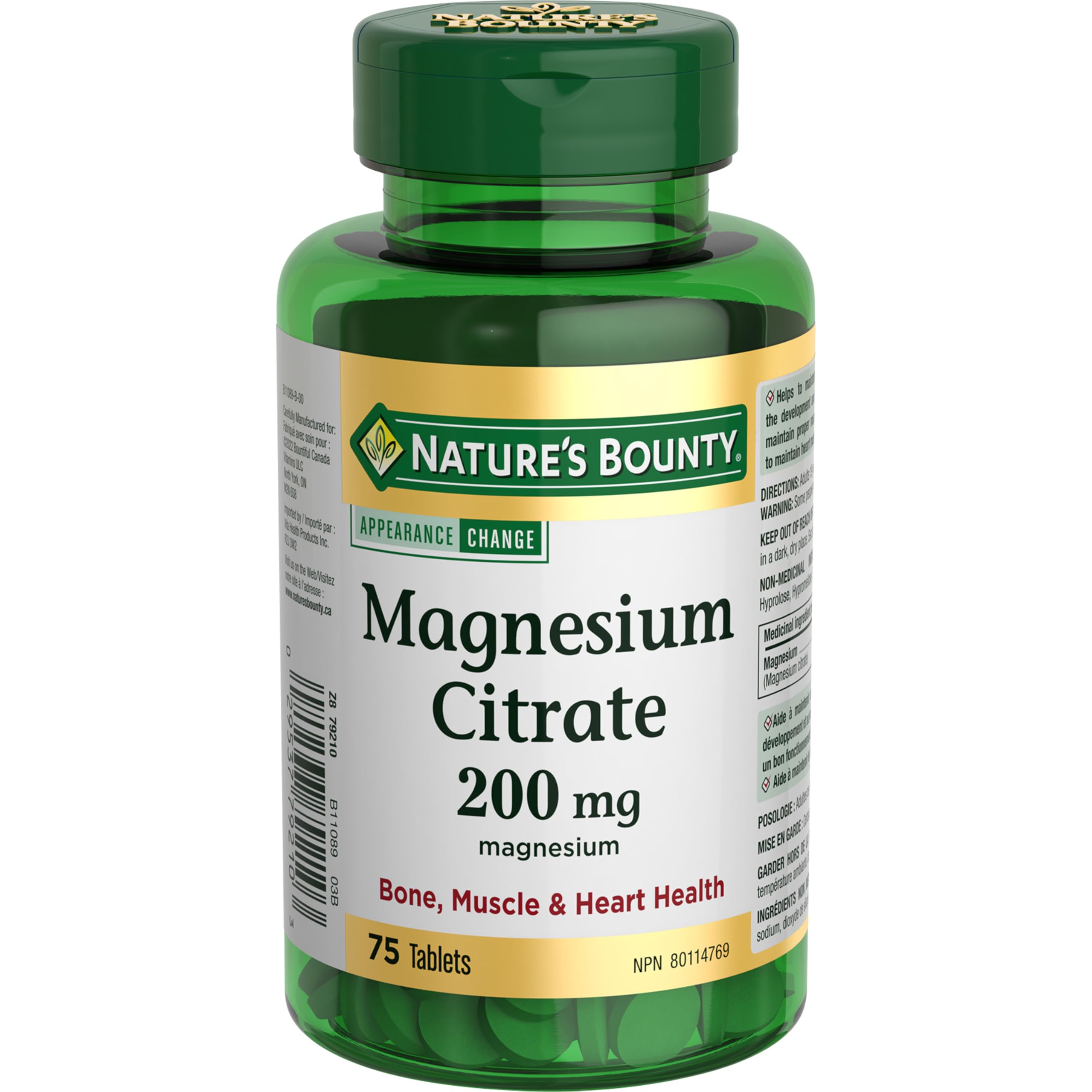 NATURE'S BOUNTY Magnesium Citrate, 200 mg, Helps In The Development Of Bones & Teeth, Heart Muscle Function, Maintains Electrolyte Balance, Supports Muscle Function & Tissue Formation, Tablets, 128.8 g