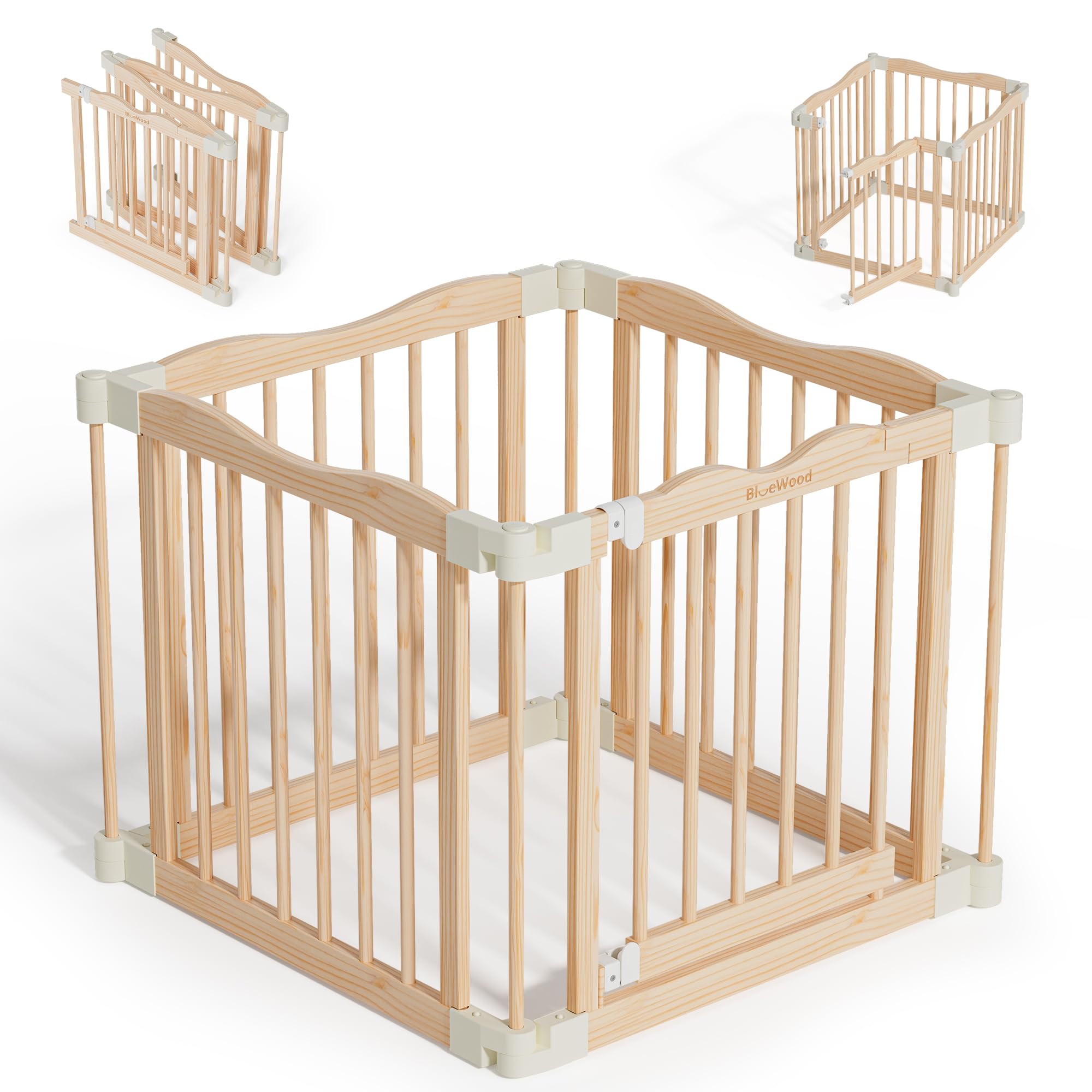 Foldable Wooden Playpen - Adjustable Wood Baby Play Yard with Child-Proof Lock, Indoor Large Safety Fence for Babies and Toddlers - Easy Assembly, 4
