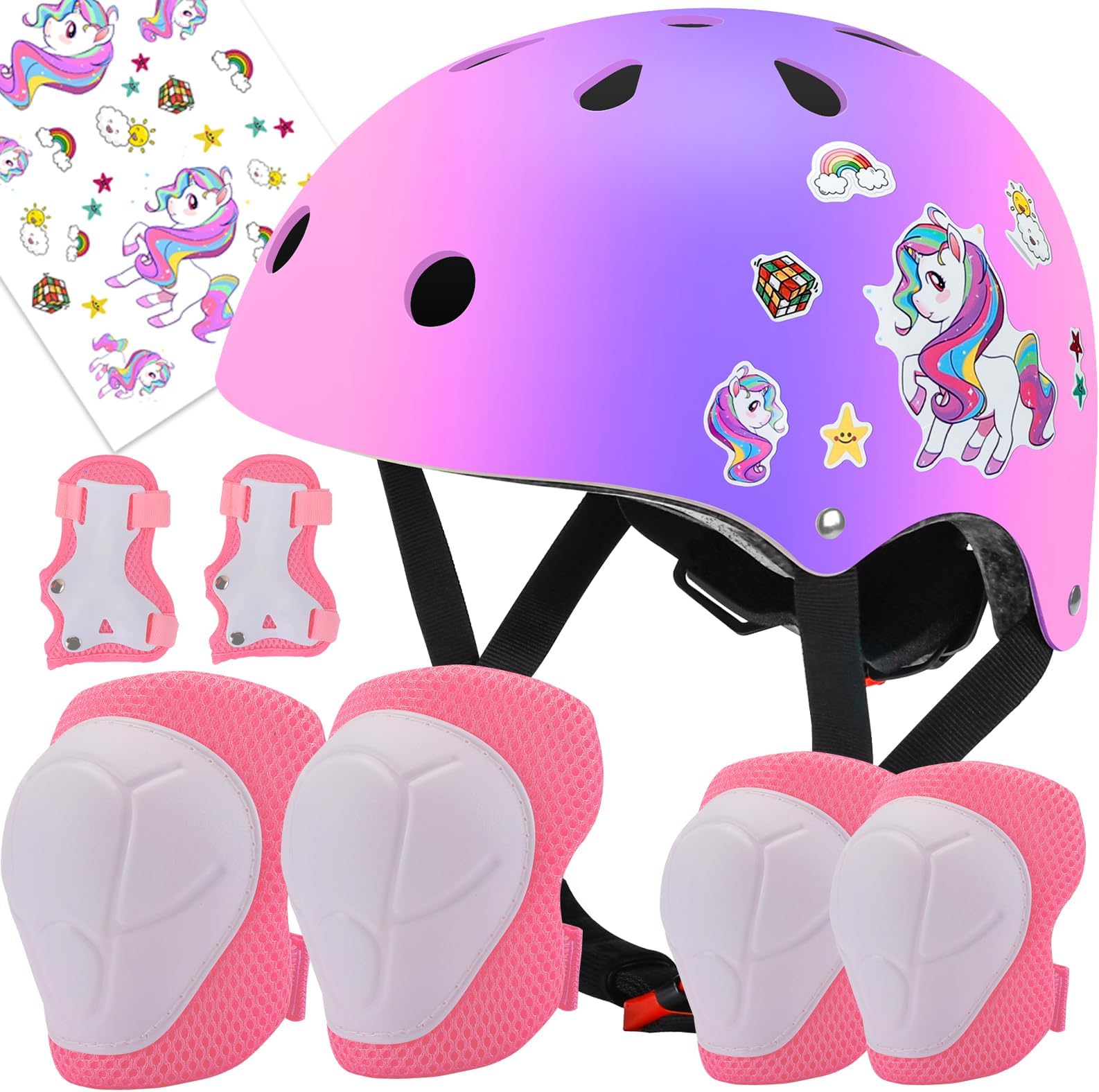 Color Gradient Adjustable Helmet Knee Pads Kids Protective Gear Set for Kids 7-14 Years Cycling Helmet with Knee Pads Elbow Pads Wrist Guards Youth Skateboard Helmet for Kids