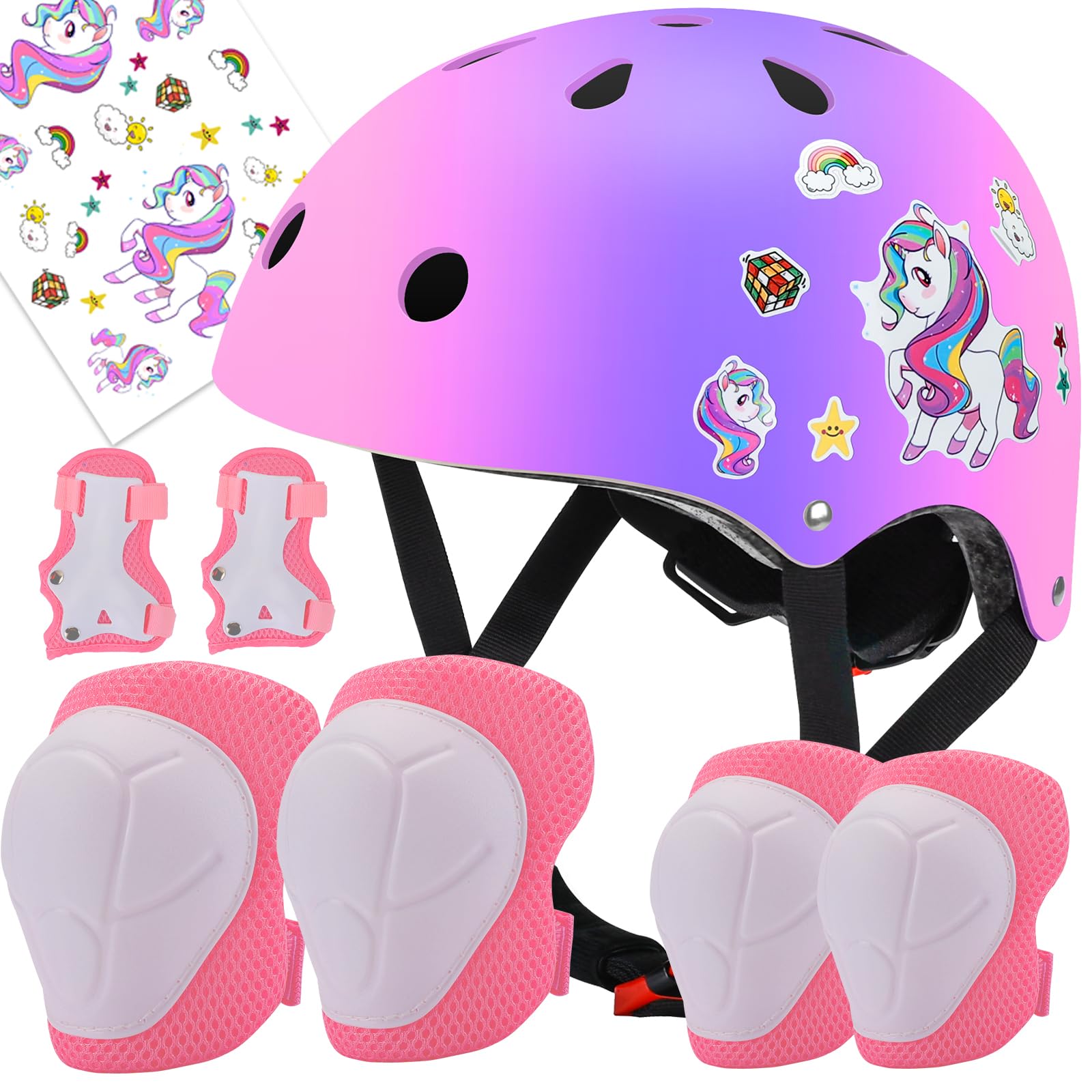 Color Gradient Adjustable Helmet Knee Pads Kids Protective Gear Set for Kids 7-14 Years Cycling Helmet with Knee Pads Elbow Pads Wrist Guards Youth Skateboard Helmet for Kids
