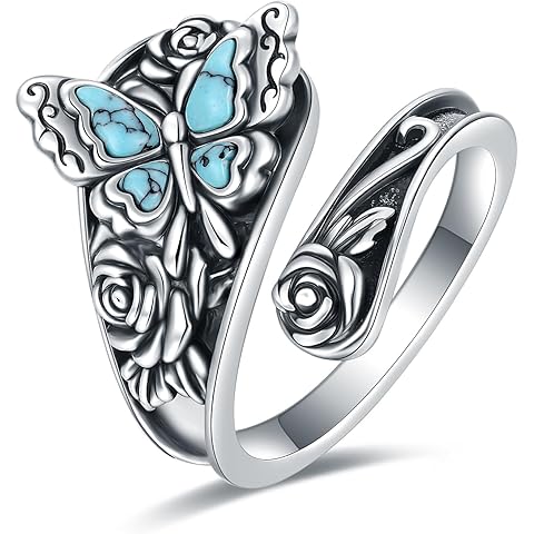 S925-Sterling-Silver Abalone Dragonfly-Turquoise Spoon Ring - Vintage Boho Sunflowe...