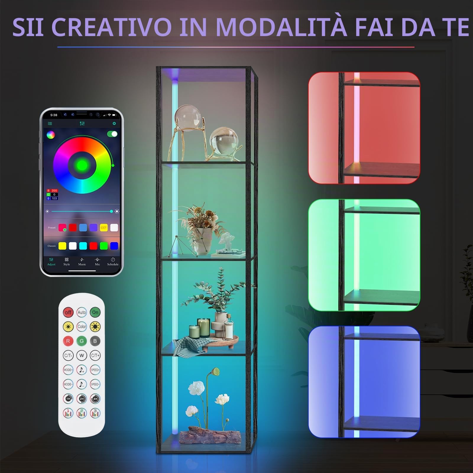 XIIW Libreria con illuminazione a LED, 5 livelli lampada da terra con ripiano, lampada da terra soggiorno in legno con app e telecomando, mensola angolare per soggiorno, camera da letto, studio