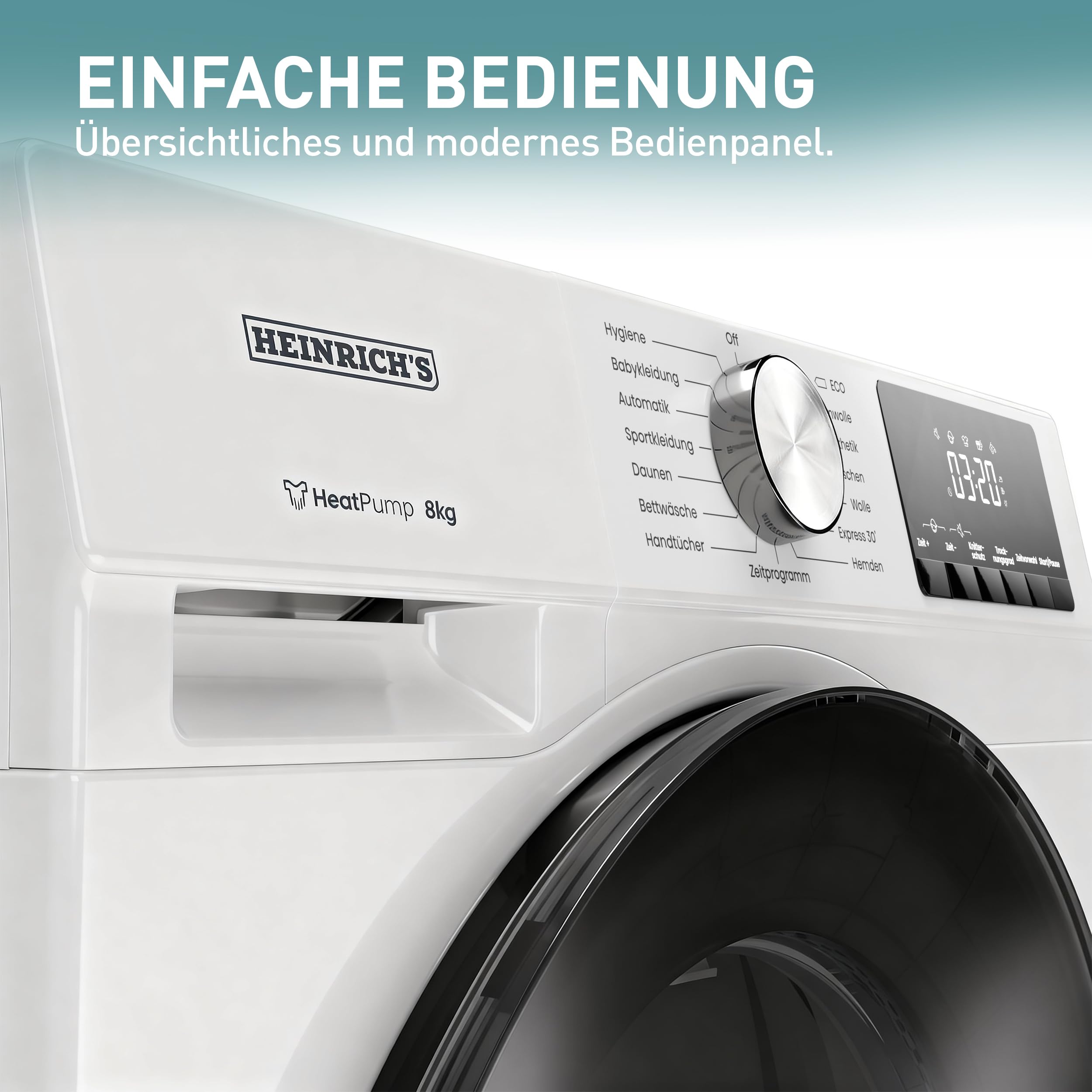 Heinrich´s Wärmepumpentrockner, 8 kg, Frontlader, Schnelltrocknung, 15 Programme, Sensor Trocknung, LED-Display & Drehregler, Edelstahl-Schontrommel, schlankes Design, weiß
