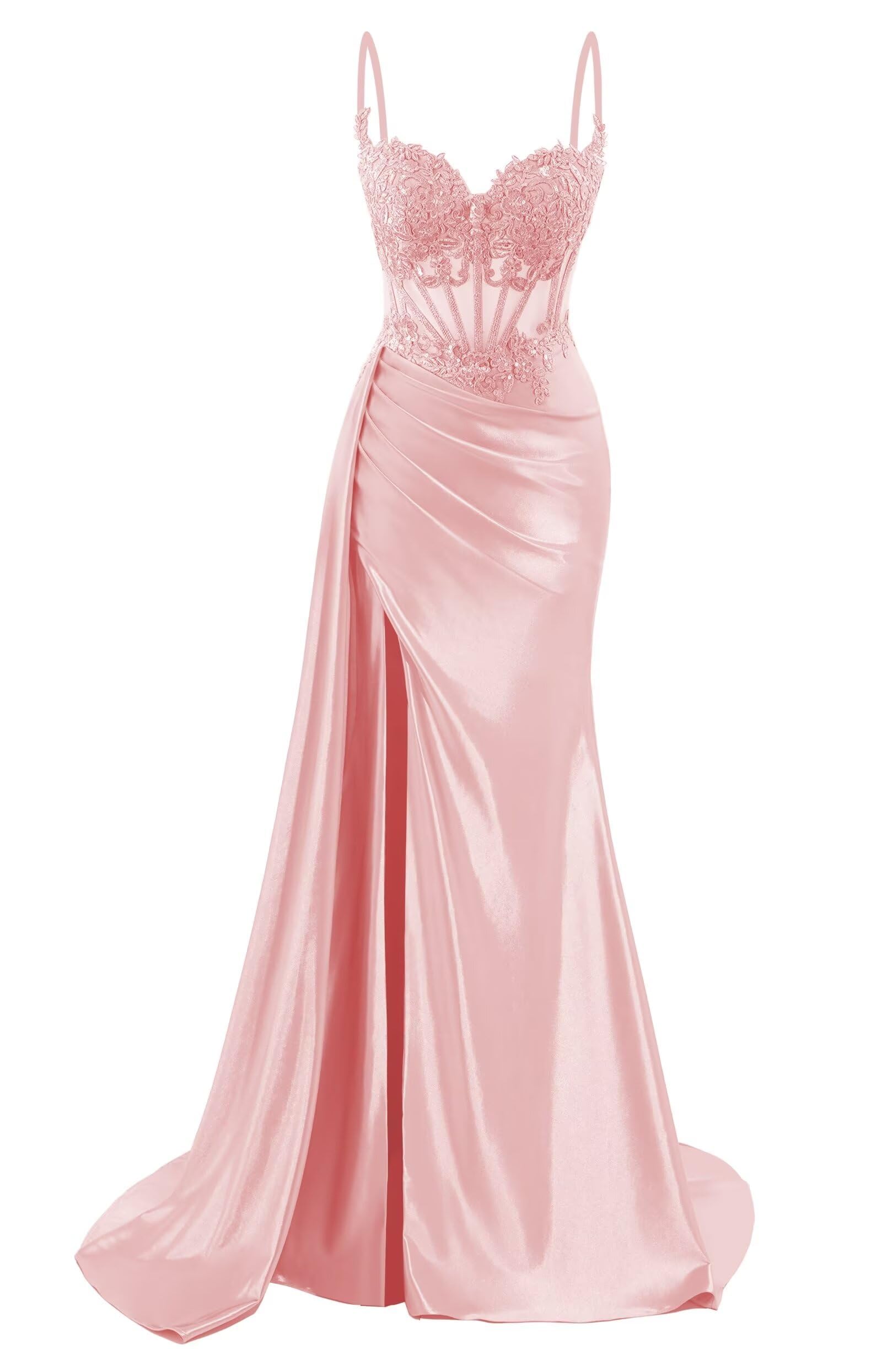 Hppee Women's Blush Pink Prom Dresses For Teens 2025 V Neck Spaghetti Strap Mermaid Formal Dress Long Ball Gown With Slit Train Uk12
