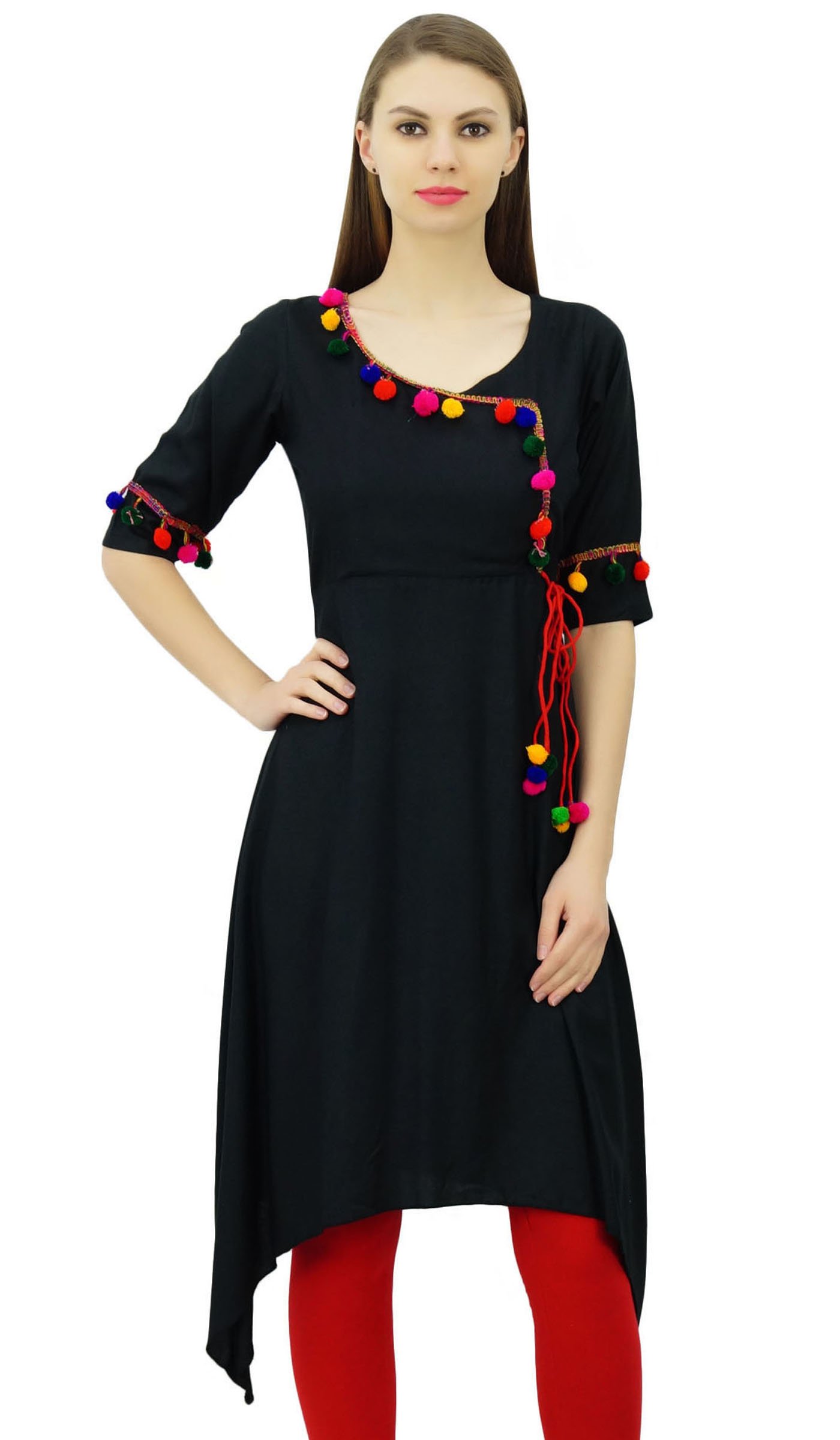 Phagun Women's Black Angrakha Style Rayon Tunic Kurta Pom-Pom Designer Kurti Top Indian Clothing
