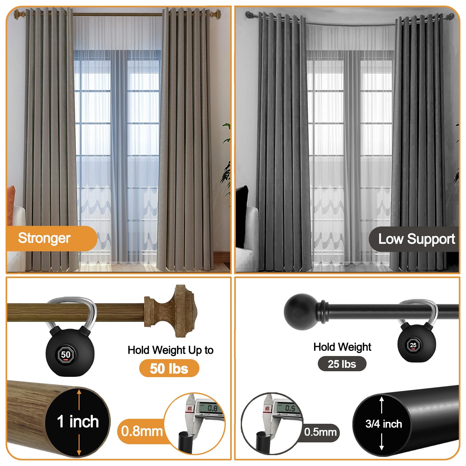 QITERI Curtain Rod 1 Inch, Wood Decorative Treatment Single Window Curtain Rods - Square Imitation Wood Grain Finial 1 Pack