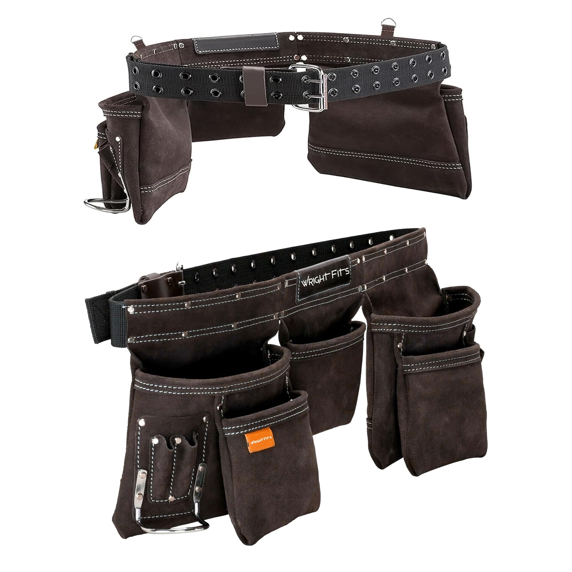 9 Pocket Leather Apron Tool Belt – Heavy Duty Double-Stitched Tool Pouch with Multi Pockets, Adjustable Waist Work Storage Organiser with Hammer Loop for Electricians & Carpenters