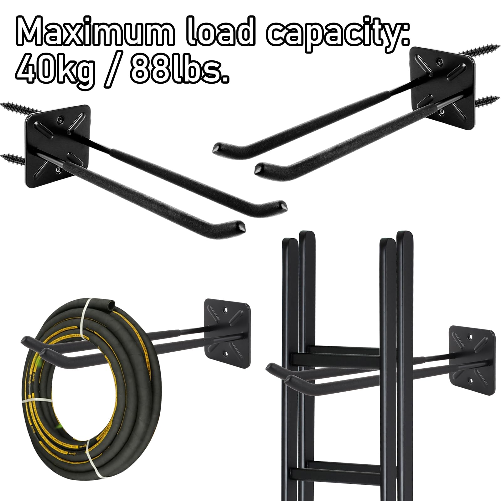AKOLAFE 4 Piezas Ganchos Garaje Negros, Gancho Pared de Acero Carbono 31,5 cm, Ganchos Resistentes con Tornillos para Herramientas Bicicleta Escalera Jardin