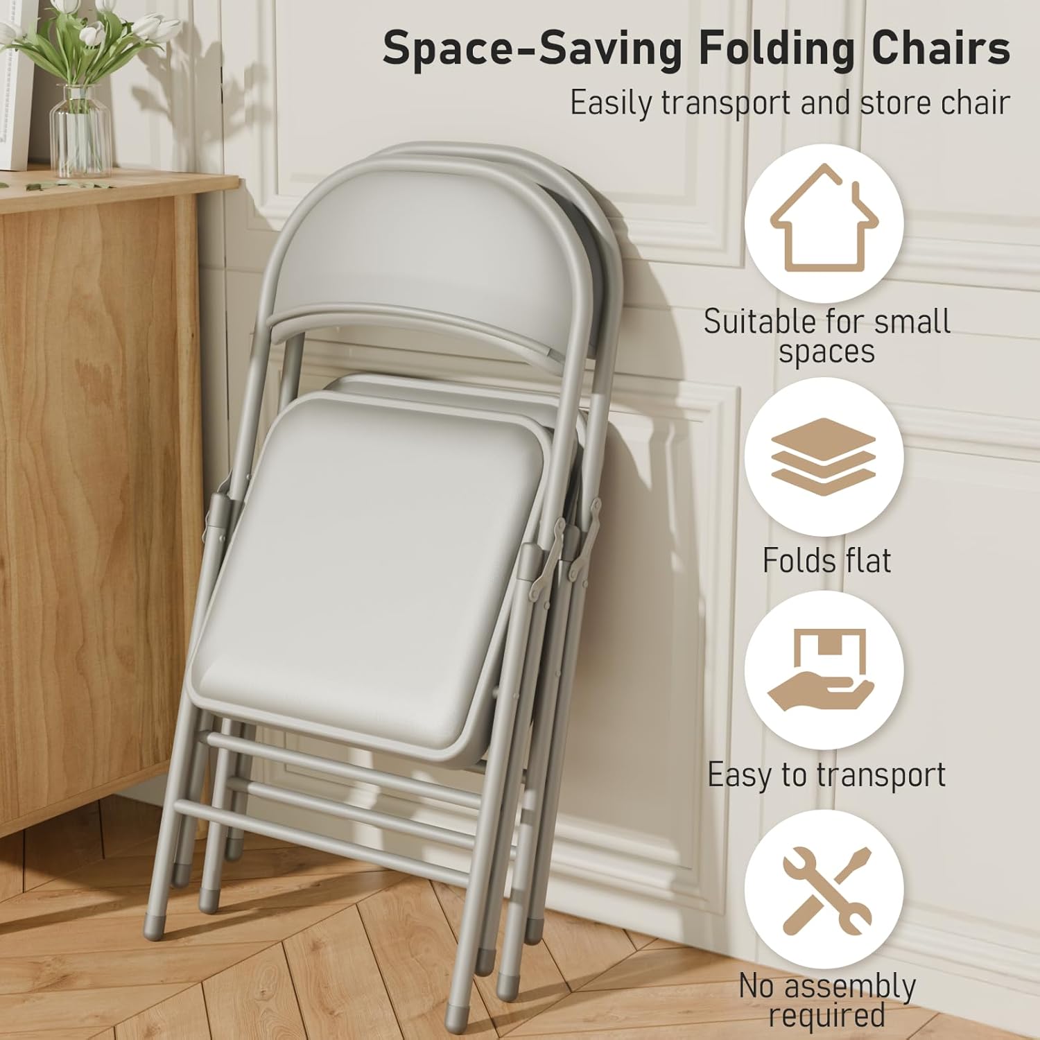 6 Pack Gray Folding Chairs with Padded Cushion and Back for Outside Portable Stackable Commercial Foldable Chairs with Steel Frame for Events Office Wedding Party, 350lbs Capacity