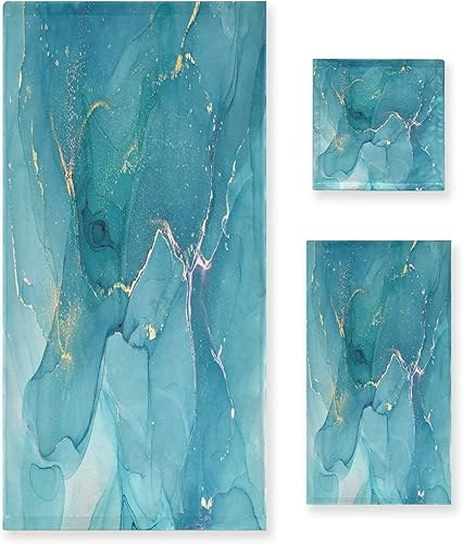 ALAZA Juego de 3 toallas de baño de arte fluido abstracto de mármol azul, 1 toalla de baño, 1 toalla de mano, 1 toallita suave, multiusos para baño,