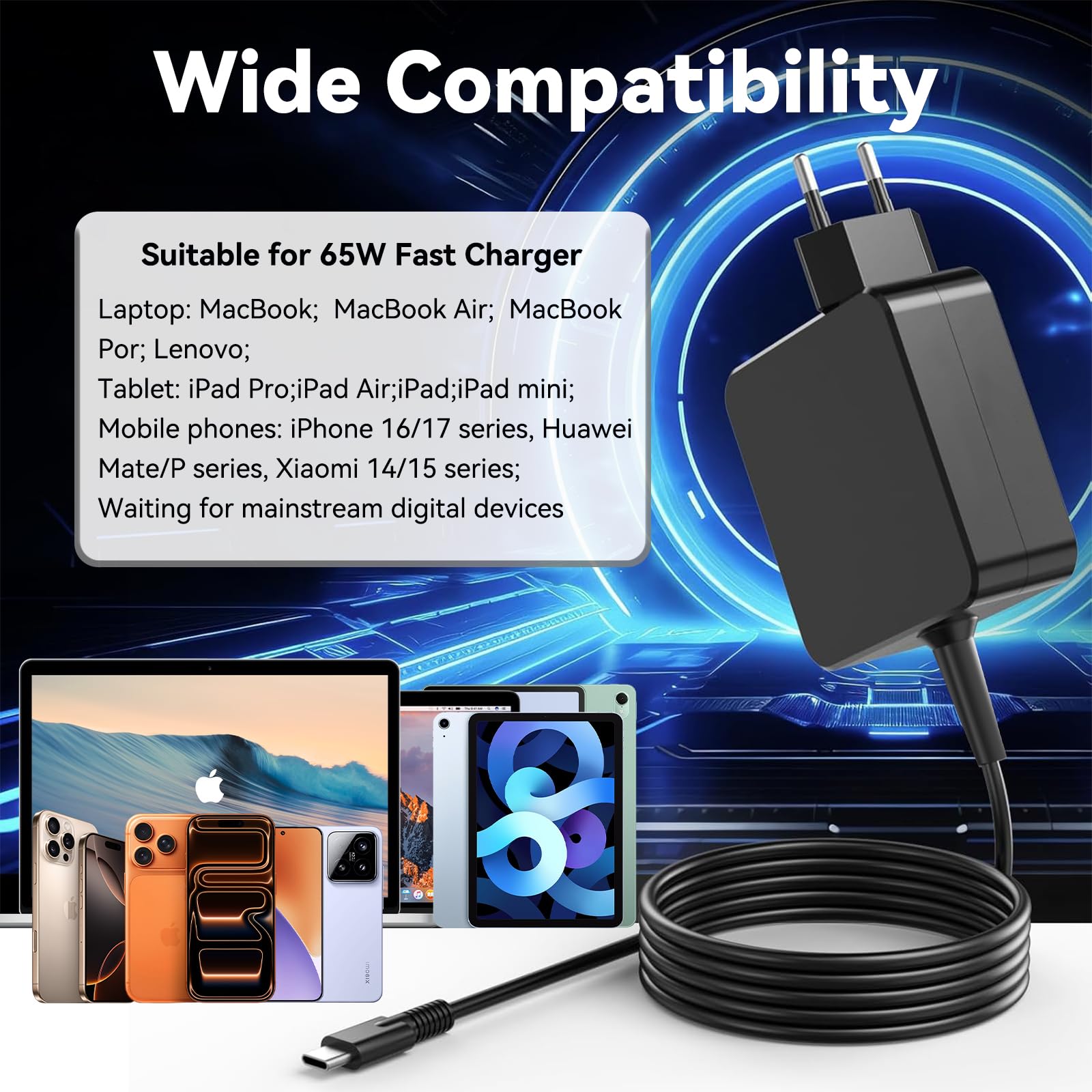 65W USB C Caricatore, Laptop Caricabatterie, Adattatore di Tipo C Alimentazione Compatibile con Huawei Matebook, Spectre, Lenovo ThinkPad, MacBook Pro/Air, HP, ASUS Chromebook, Google, Xiaomi