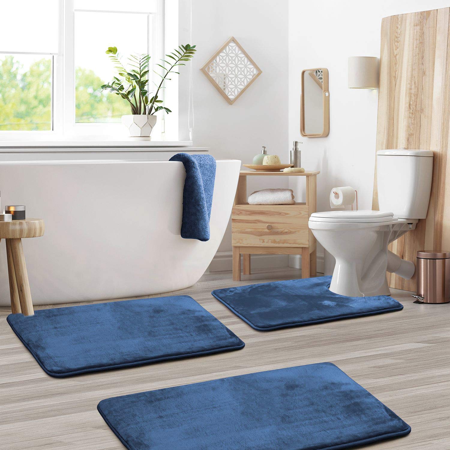 Clara Clark Bathroom Rugs Sets 3 Piece, Velvet Memory Foam Bath Mat - Non-Slip, Machine Wash, Bath Rugs - Dries Quickly, Ultra Soft Bath Mats for Bathroom, Blue Bathroom Rug Set