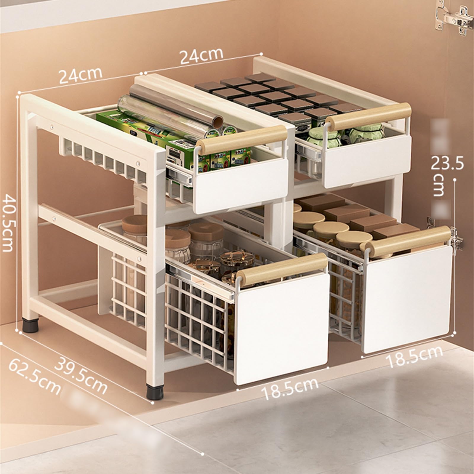 Organizer Sottolavello, Organizer per Mobiletto Estraibile A 2 Livelli, 2 Cassetti Estraibili, Ripiani Portaoggetti per Cucina, Soggiorno, Bagno,White-Set of 2