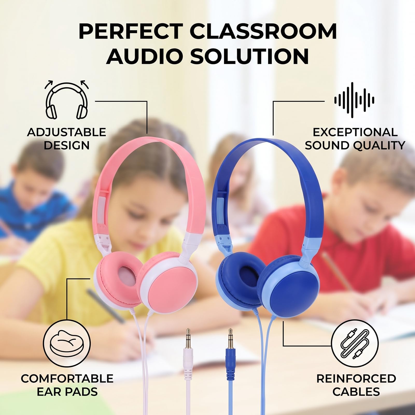 12 paia di cuffie cablate per bambini, ideali per la scuola, con jack da 3,5 mm e cavo da 1,2 m, archetto regolabile e plastica ABS leggera.