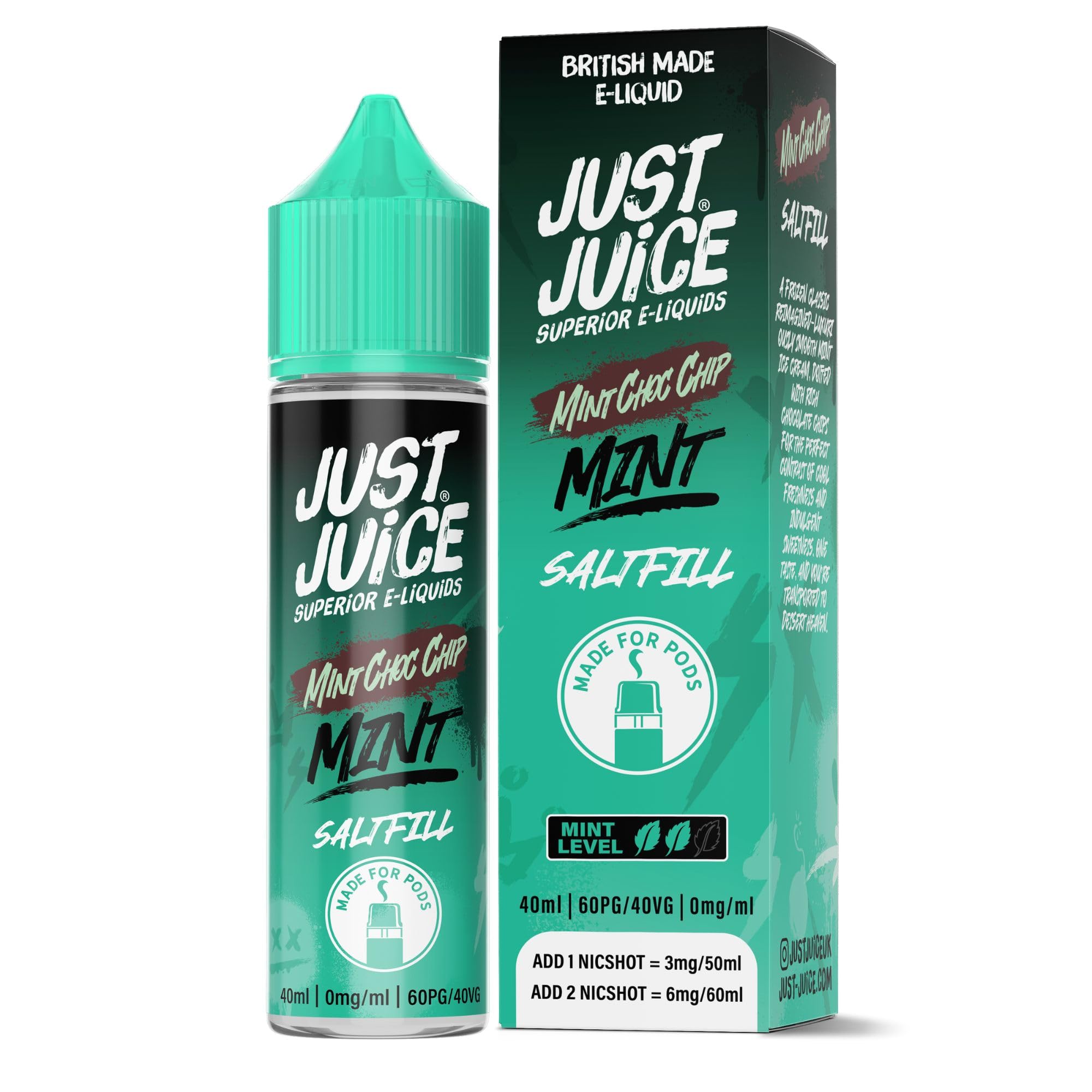 Just Juice Superior E-Liquids Mint Saltfill Vape Liquid - Mint Choc Chip - 40ml Bottle with 40ml of Super Concentrated Juice, 60/40 0mg e-Liquid