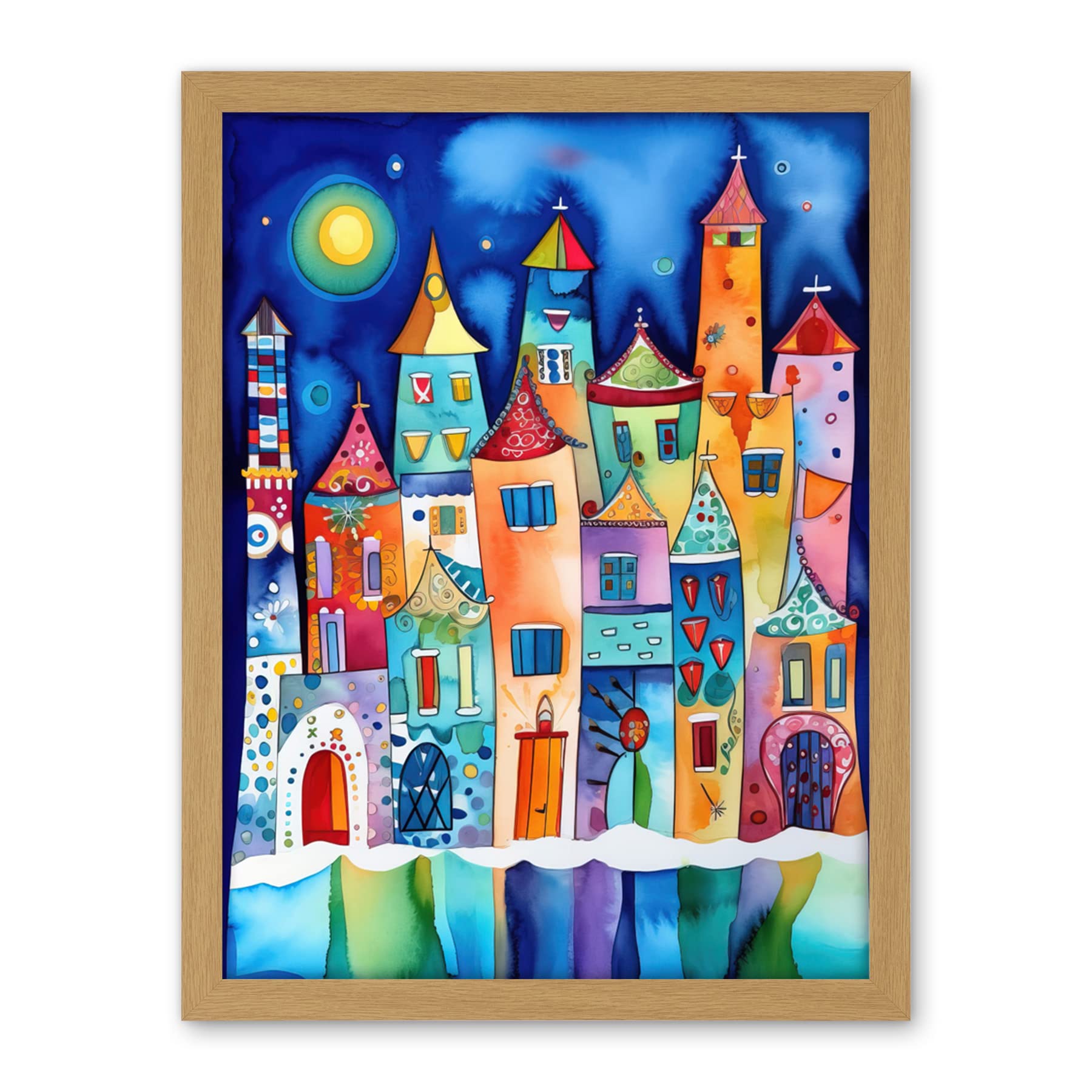 Artery8 Midnight Abstract Town Folk Art Artwork Framed Wall Art Print 18X24 Inch