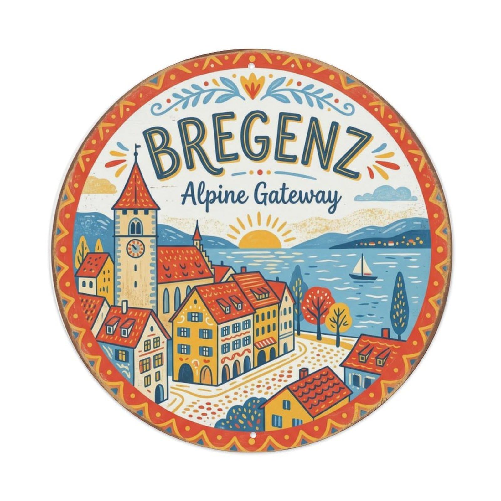 Vintage Travel Bregenz Oldtown Austria Metal Tin Sign Plaque Wall Decor for Cafe, Club Bar, Office, Home Garden Round Metal Poster 8x8Inch