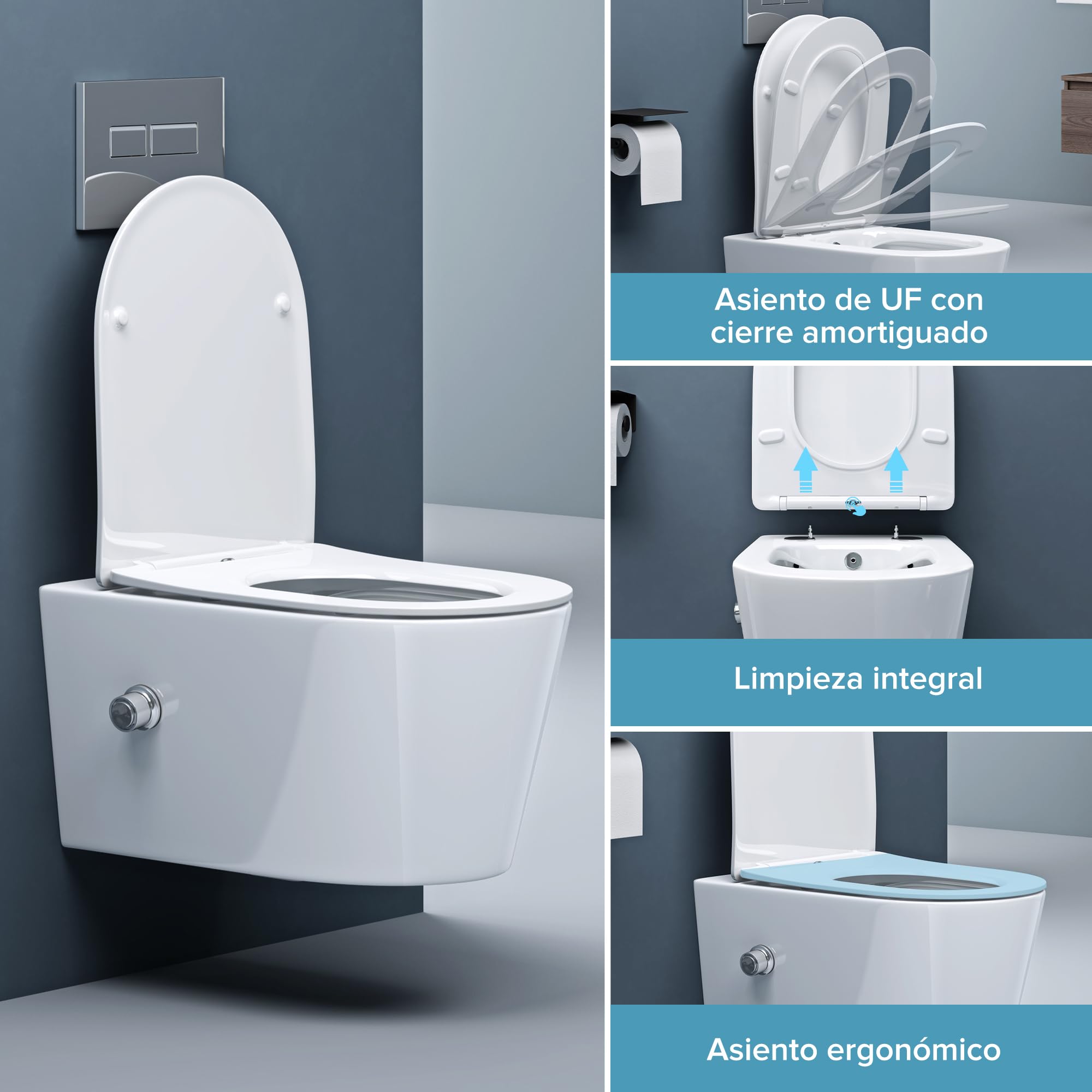 doporro Inodoro suspendido Aachen601 Bidet blanco con cierre suave Inodoro de Pared sin reborde de cerámica