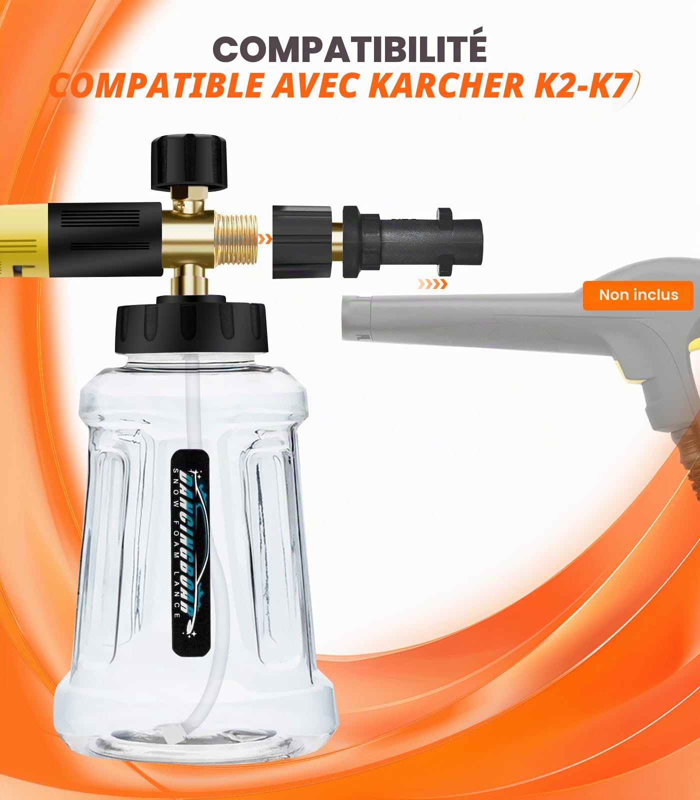 Canon a Mousse Amélioré pour Nettoyeur Haute Pression Karcher K Series K2 K3 K4 K5 K6 K7, Canon à mousse de Neige 1L avec Buse de Pulvérisation Réglable (Noir et Jaune)