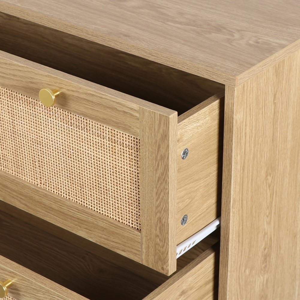 Cómoda con 3 Cajones Cómoda Dormitorio Estrecha con Frontales de Ratán y Patas Elevadas Cajonera para Salón Oficina 80x40x92cm Natural