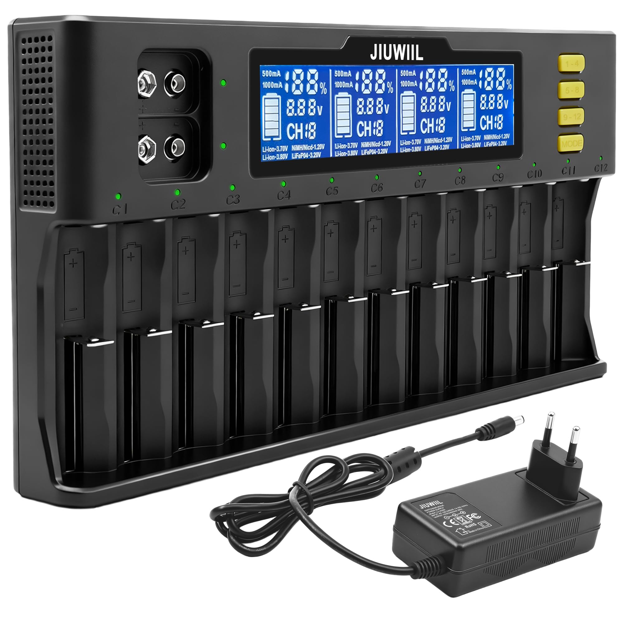 Caricabatterie 18650, JIUWIIL 12+2 slot Caricabatterie universale a ricarica rapida con display LCD per batterie ricaricabili Li-ion LiFePO4 RCR123 18650 26650 10440 14500 & 9V