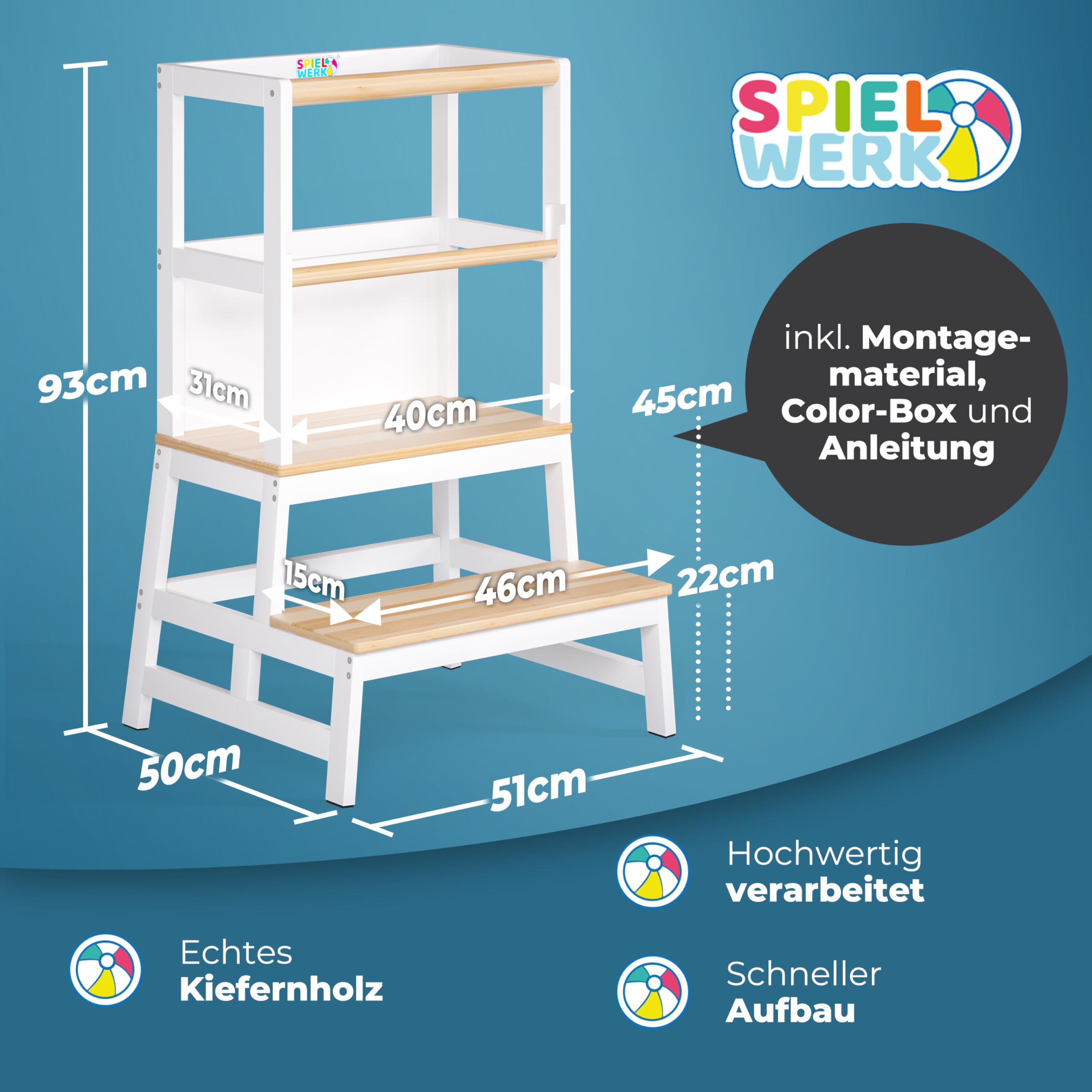 Spielwerk® Lernturm ab 2 Jahren Kinder mit Tafel Montessori 93cm Hoch Learning Tower 100kg Belastbar Trittschemel Kiefer Lernstuhl Küche Weiß Holz