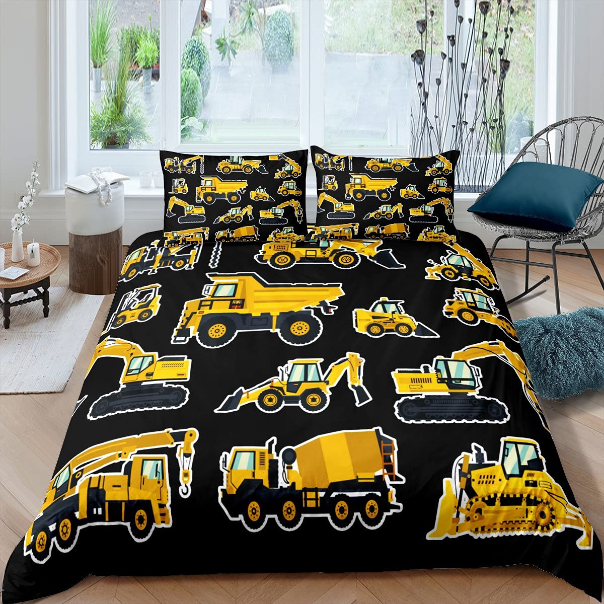 Loussiesd Juego de ropa de cama excavadora para niños, camiones, vehículos, funda de edredón transpirable, color amarillo, negro, ropa de cama y lino y ropa de cama Super King