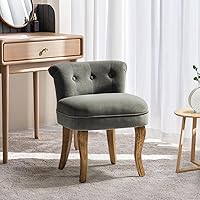 HULALA HOME Grey Velvet Vanity Stool with Low Back & Solid Wood Legs - Modern Upholstered Makeup Chair for Bedroom Dressing Table