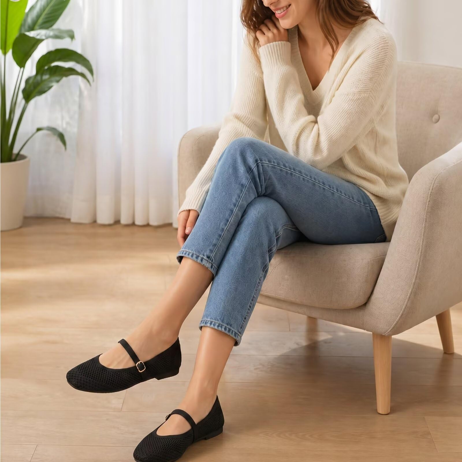 Frank Mully Damen-Freizeitschuhe mit Flacher Sohle quadratische Zehenpartie gestricktes Netzgewebe Flache Komfortschuhe für die Arbeit