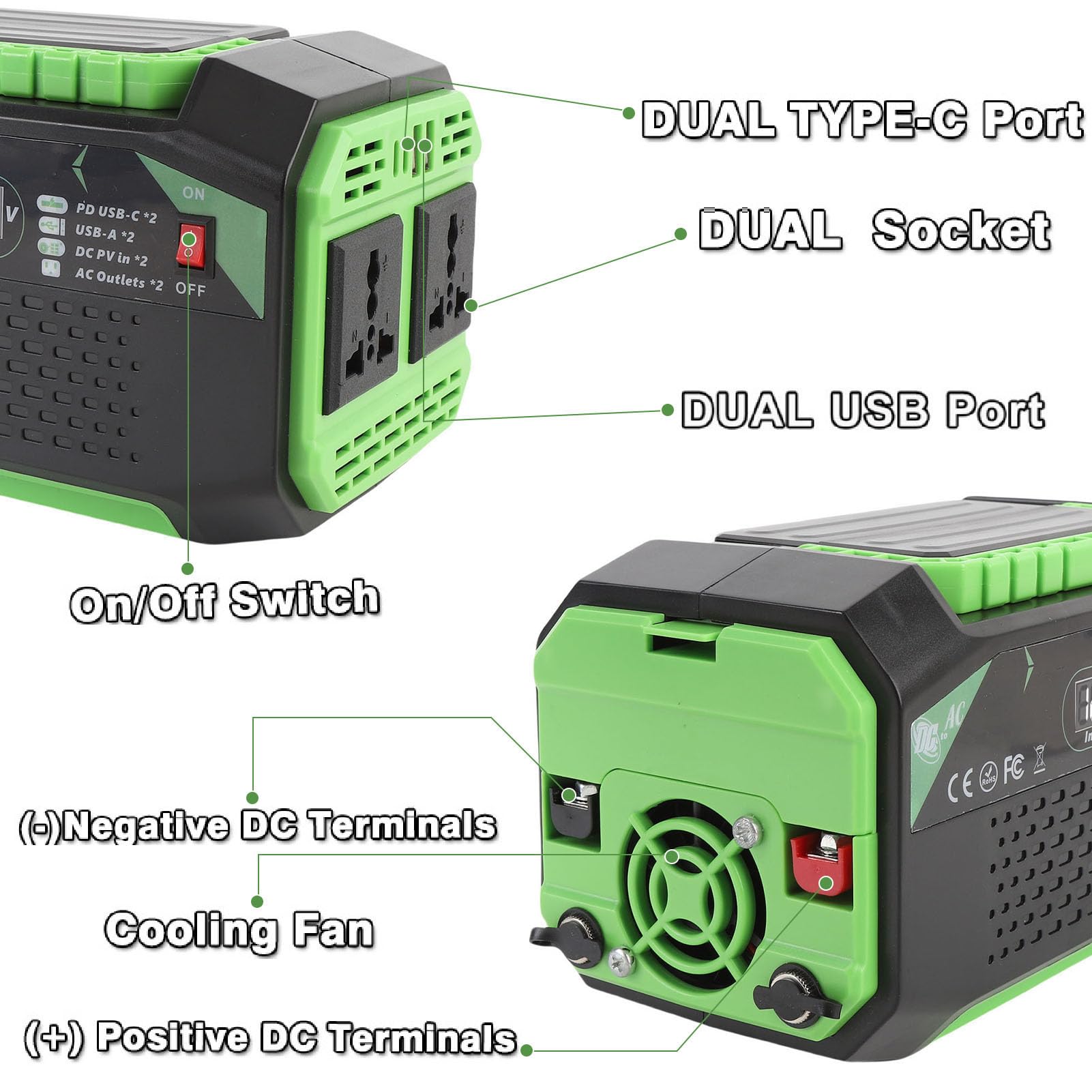 Luocute Ogranicznik Prądu Samochodowego 600 W, DC 12V do AC 20V Vehicle Vehicle ładowarka z 2 Gniazdkami, 2 USB C PD, 2 USB A, QC Szybkie ładowanie, Wyświetlacz Napięcia, Wentylator