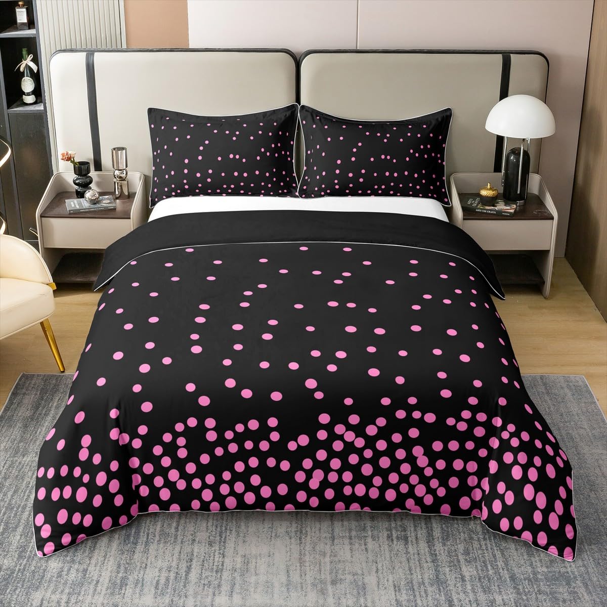 Pink Polka Dots 100% Cotton Duvet Cover Queen Size Kids Teens Geometric Pink Black Modern Polka Dot Pattern Retro Duvet Cover for All Seasons(No Comforter)